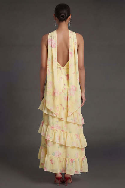 Yellow Floral Ruffled Tiered A Line Strapless Long Beach Wedding Guest Dress