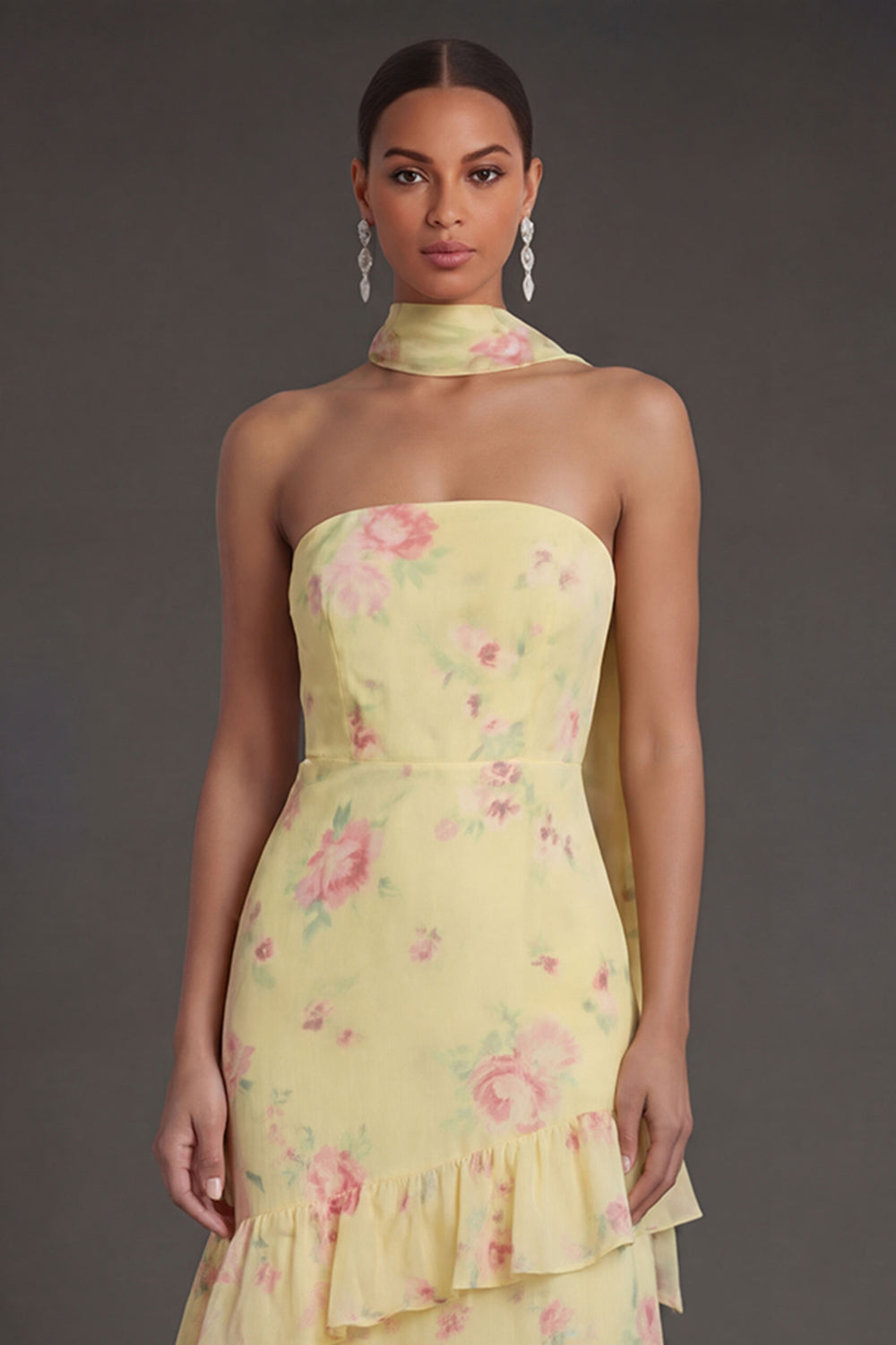 Yellow Floral Ruffled Tiered A Line Strapless Long Beach Wedding Guest Dress