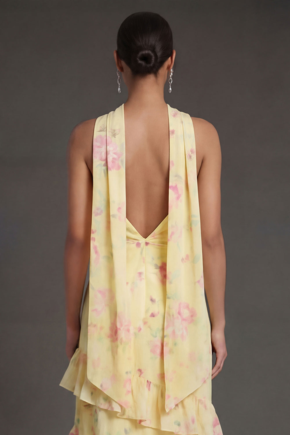 Yellow Floral Ruffled Tiered A Line Strapless Long Beach Wedding Guest Dress