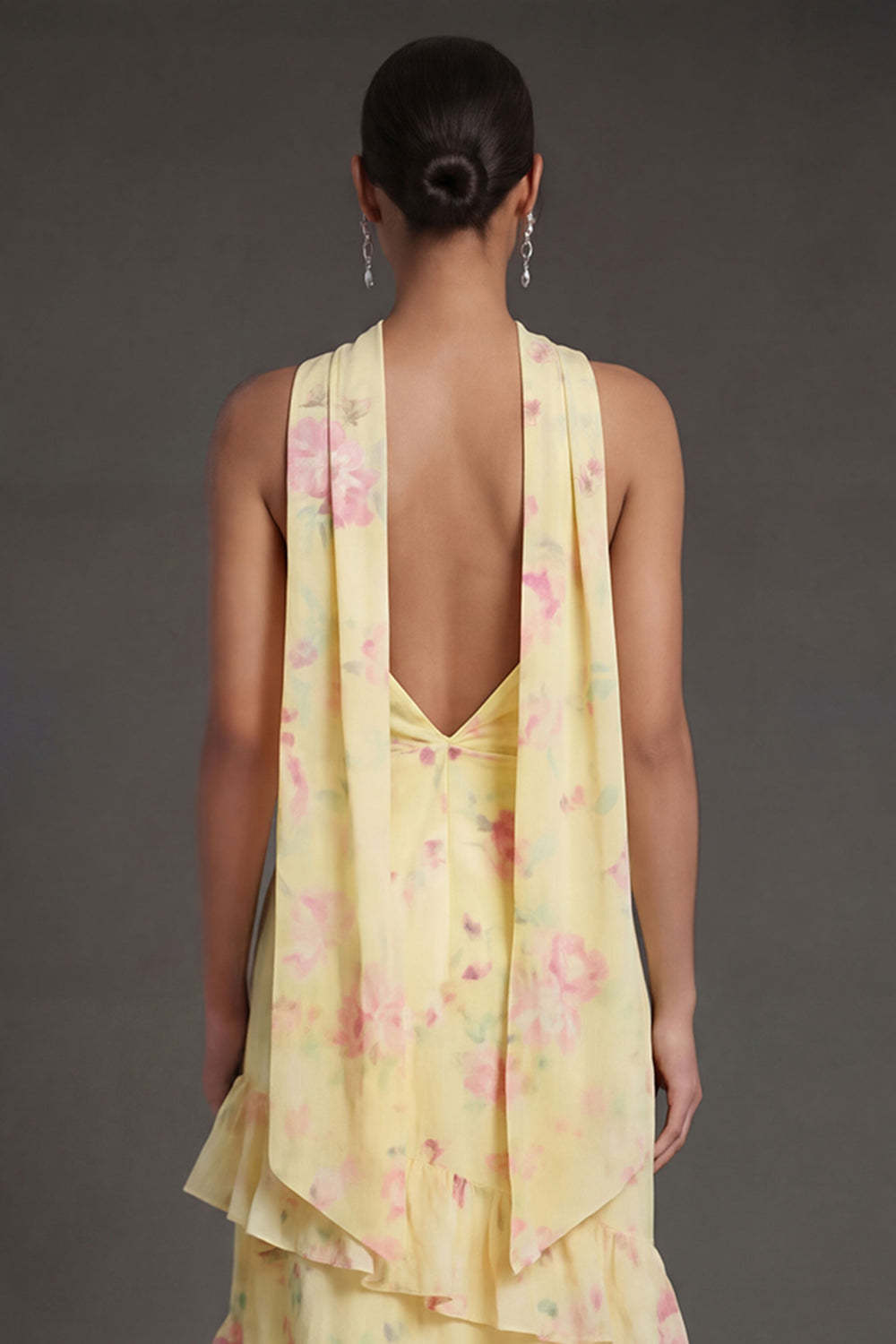 Yellow Floral Ruffled Tiered A Line Strapless Long Beach Wedding Guest Dress