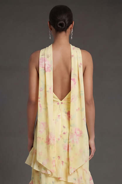 Yellow Floral Ruffled Tiered A Line Strapless Long Beach Wedding Guest Dress