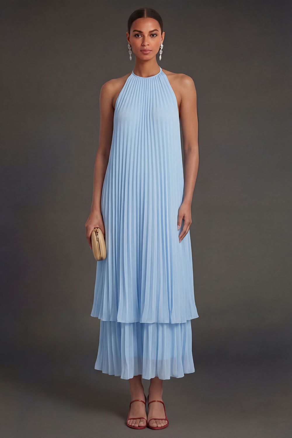 Leely Women Sky Blue Halter Neck Sleeveless Long Wedding Guest Dress Pleated Backless Formal Dress