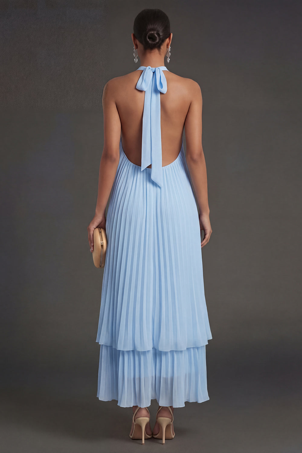 Sky Blue Halter Neck Sleeveless Long Wedding Guest Dress