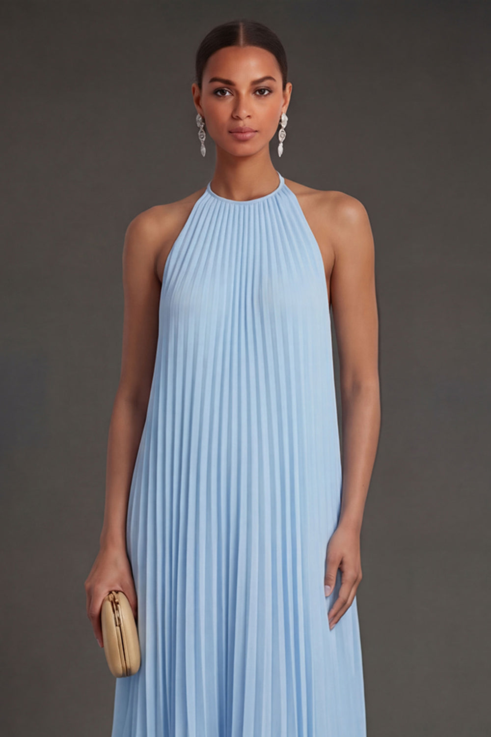 Sky Blue Halter Neck Sleeveless Long Wedding Guest Dress