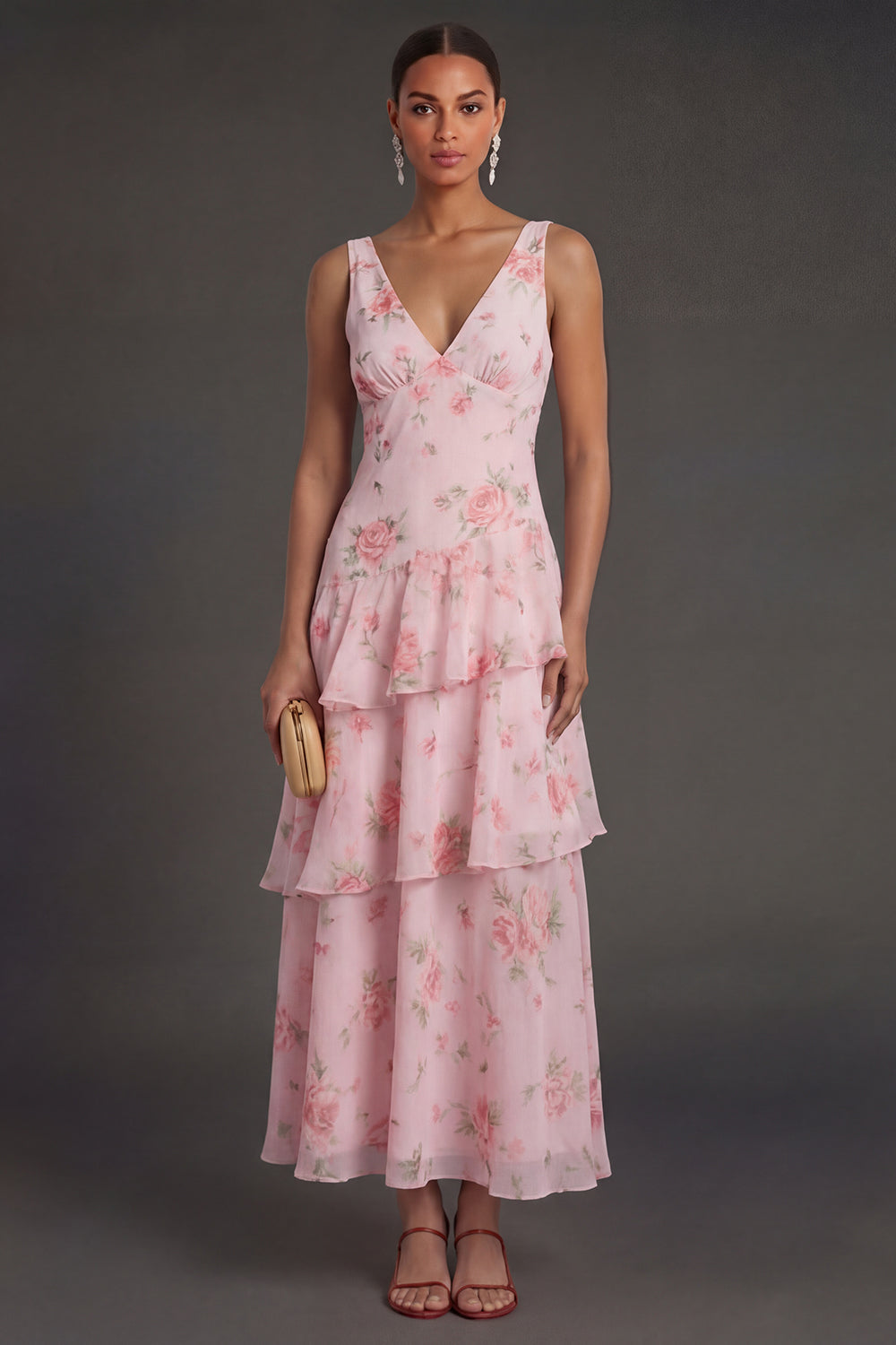 Leely Women Pink Floral A Line Long Beach Wedding Guest Dress Tiered V Neck Sleeveless Garden Party Dress