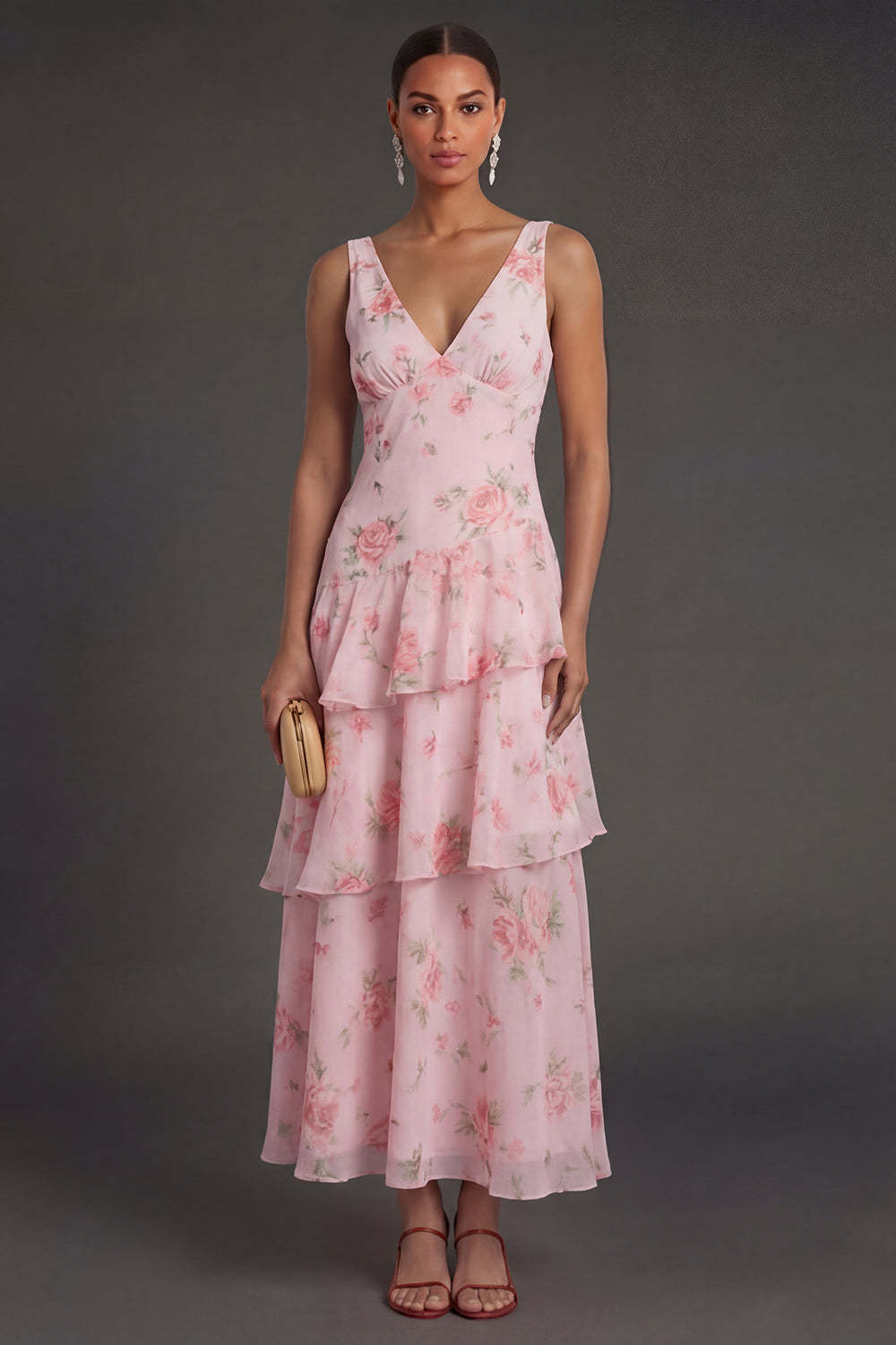 Leely Women Pink Floral A Line Long Beach Wedding Guest Dress Tiered V Neck Sleeveless Garden Party Dress