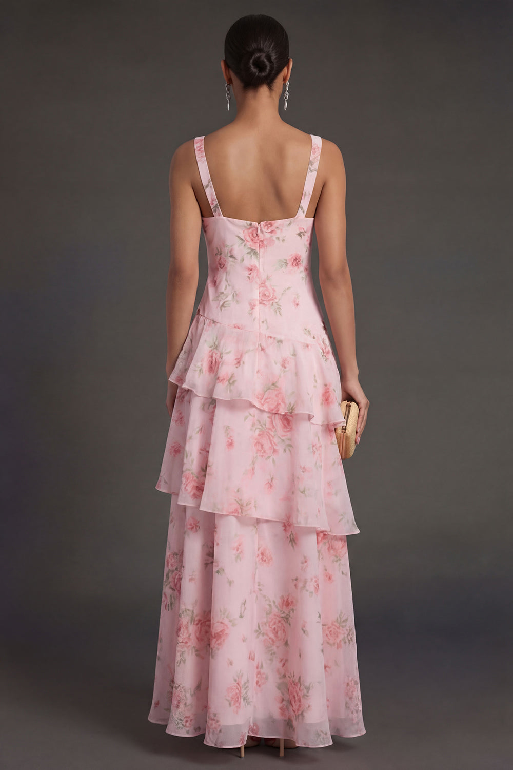 Pink Floral A Line Tiered V Neck Long Beach Wedding Guest Dress