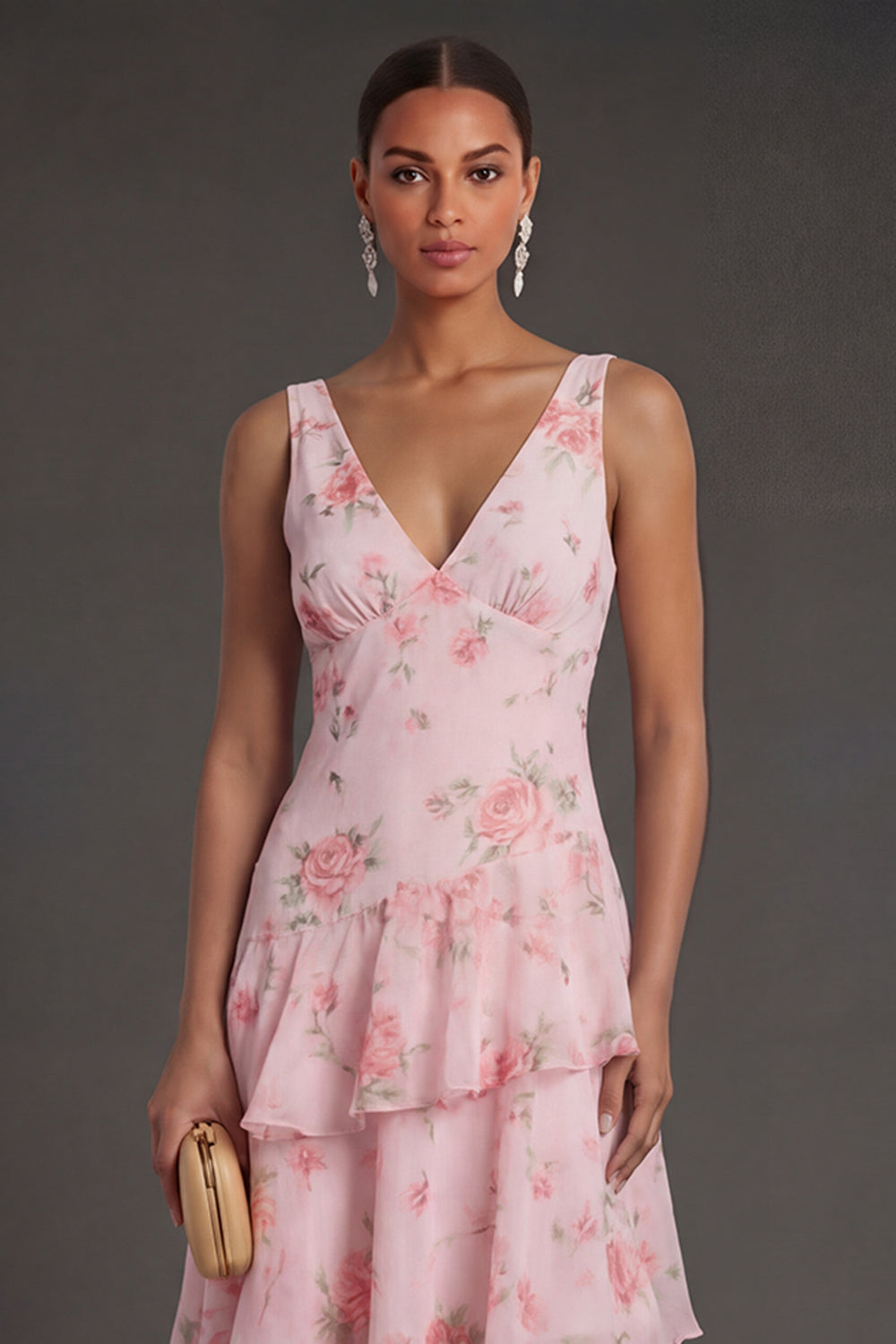 Pink Floral A Line Tiered V Neck Long Beach Wedding Guest Dress