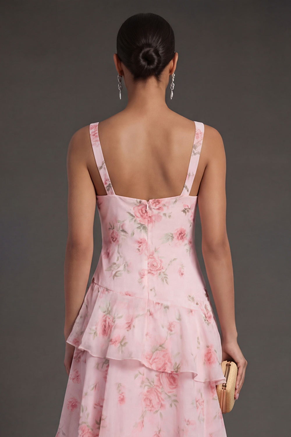 Pink Floral A Line Tiered V Neck Long Beach Wedding Guest Dress