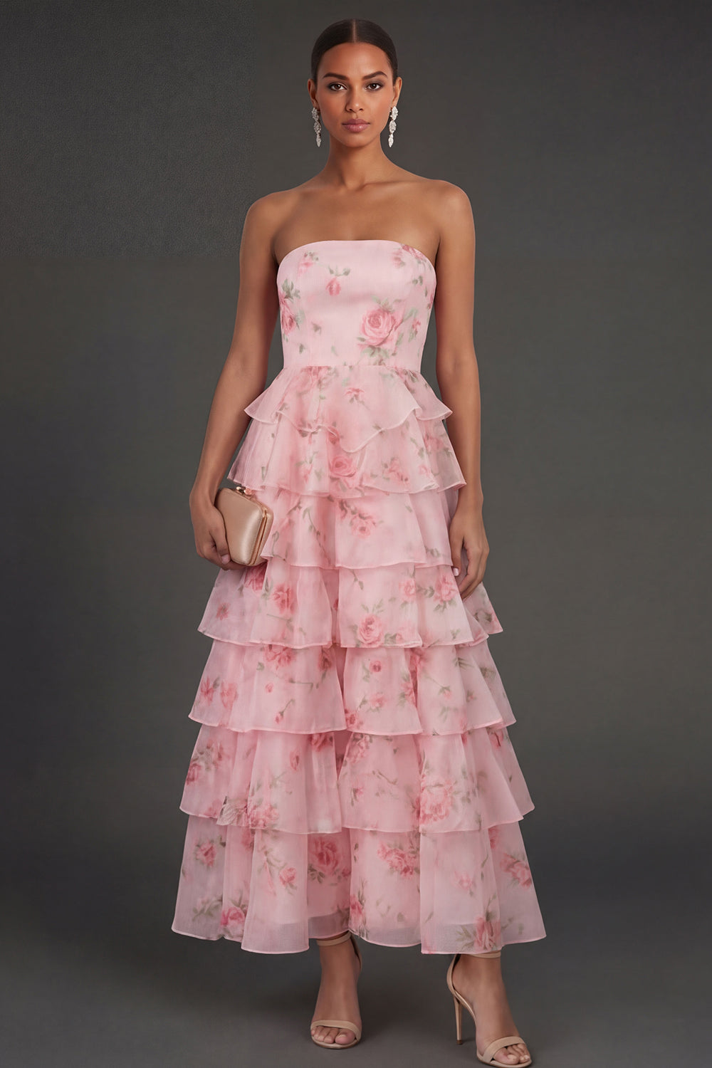 A Line Floral Tiered Ruffled Pink Long Beach Wedding Guest Dress