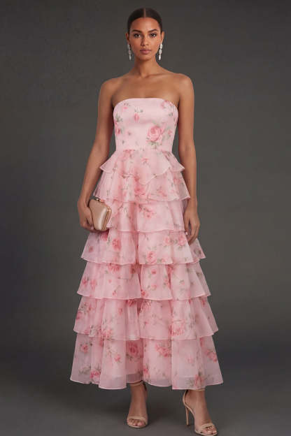 Leely Women A Line Floral Tiered Ruffled Pink Long Beach Wedding Guest Dress Strapless Backless Sleeveless Garden Party Dress