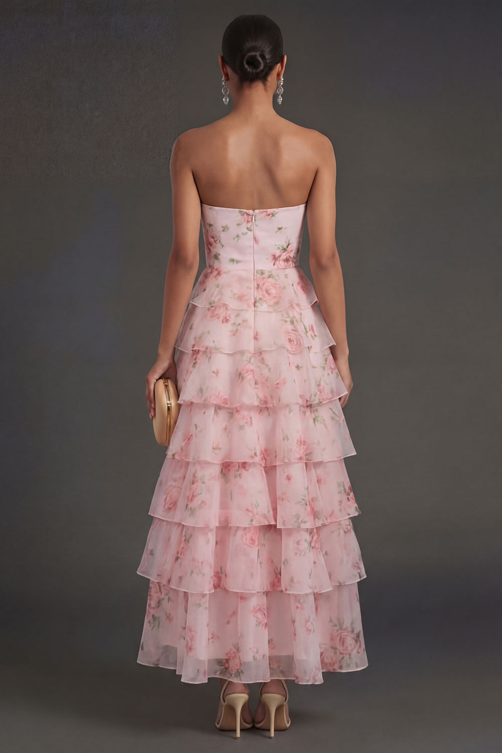A Line Floral Tiered Ruffled Pink Long Beach Wedding Guest Dress