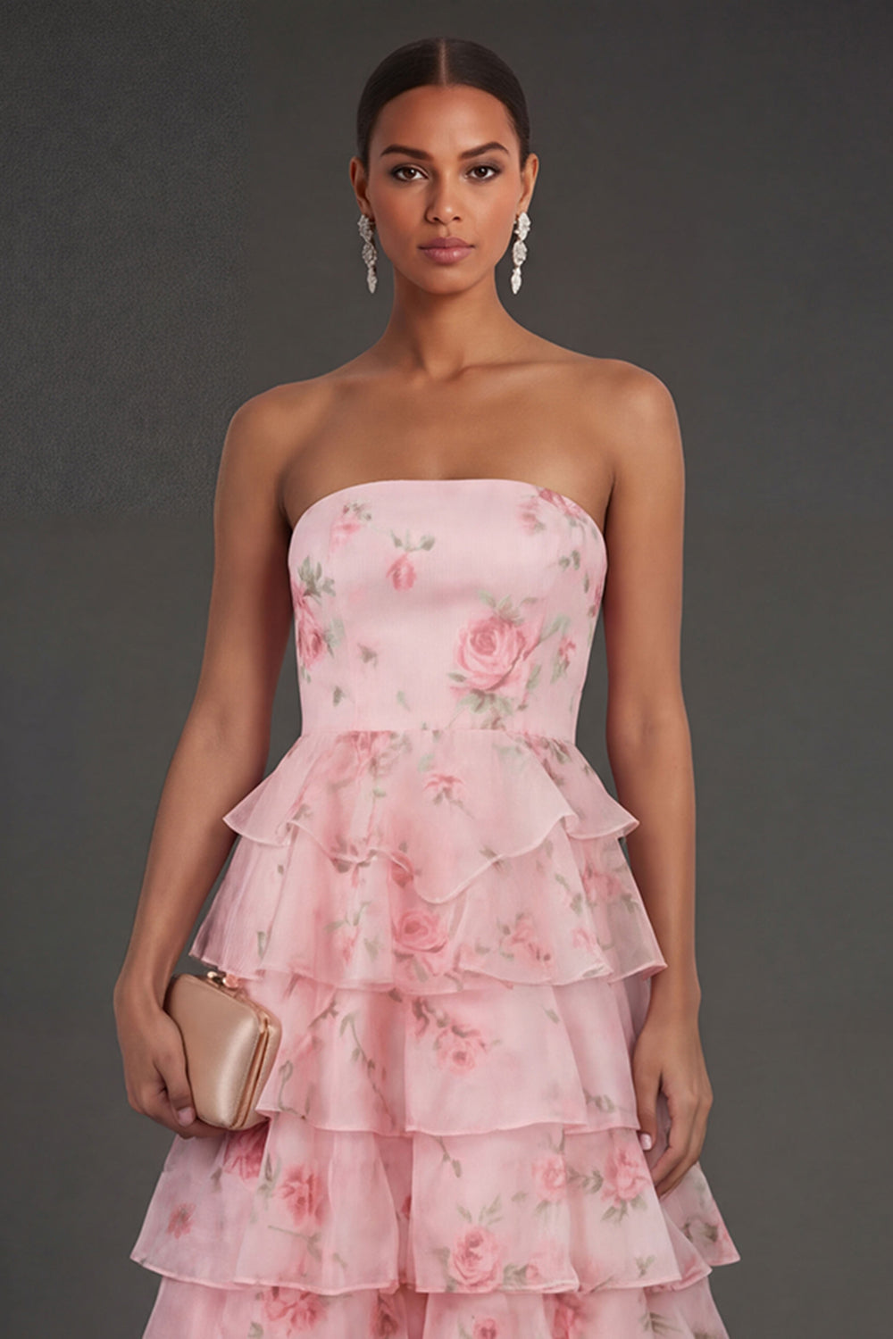 A Line Floral Tiered Ruffled Pink Long Beach Wedding Guest Dress
