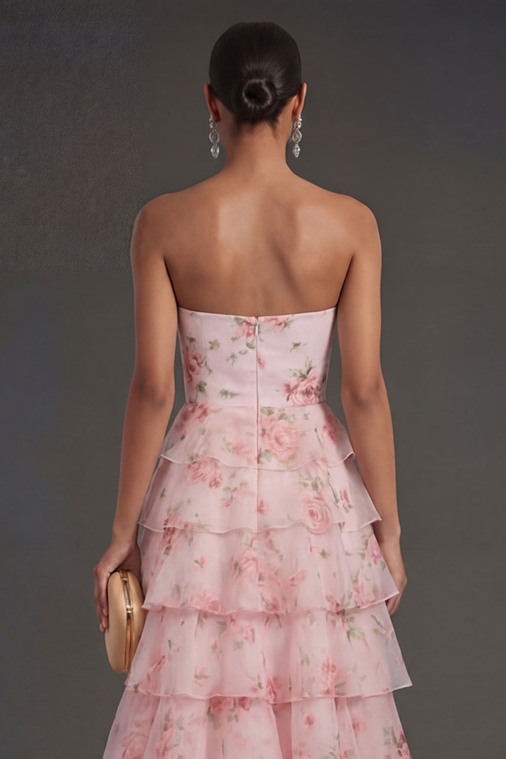 A Line Floral Tiered Ruffled Pink Long Beach Wedding Guest Dress