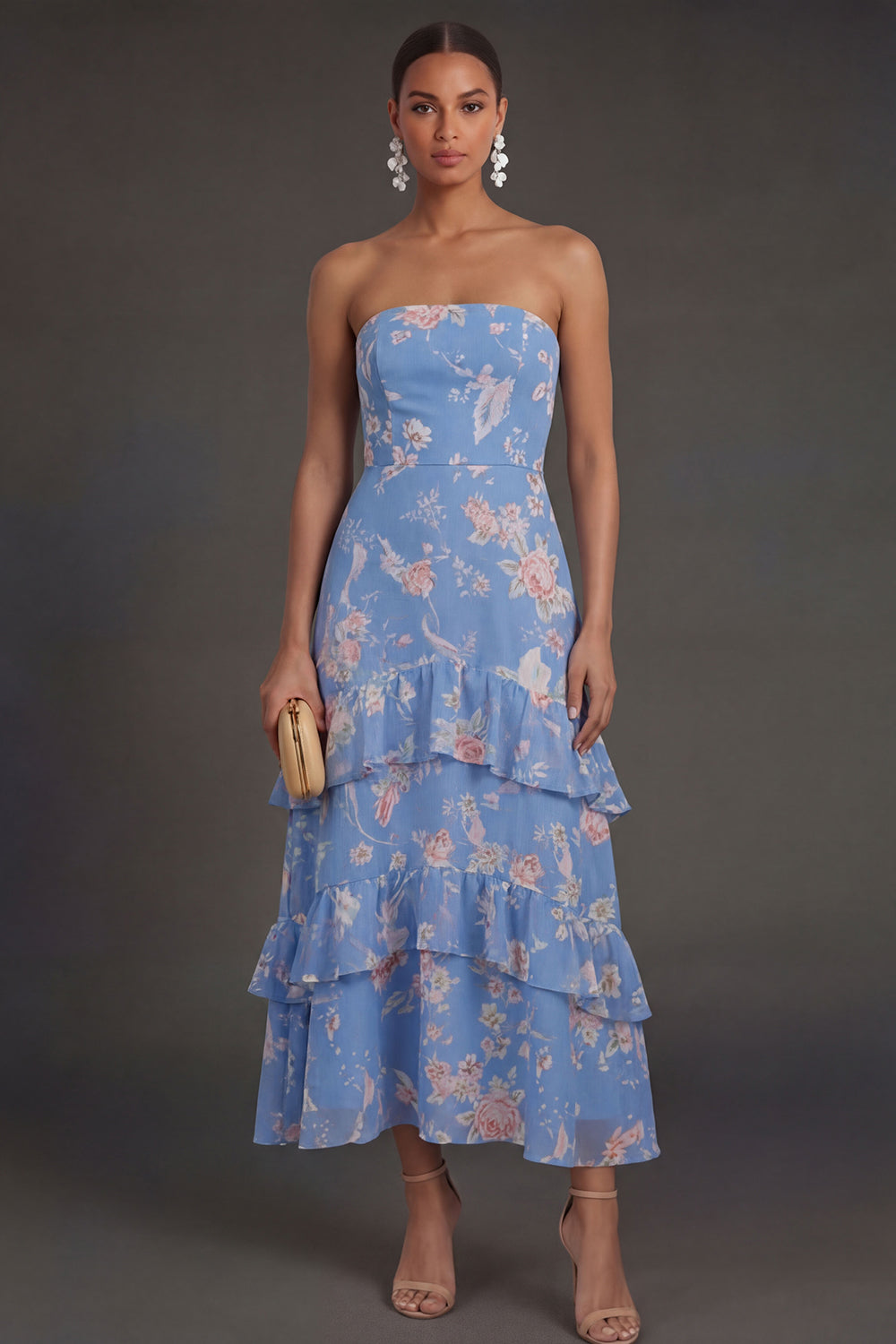 Leely Women Tiered Ruffled Blue Floral A Line Long Beach Wedding Guest Dress Strapless Backless Garden Party Dress