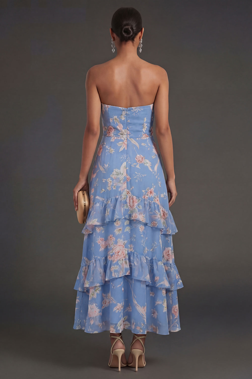 Tiered Ruffled Blue Floral A Line Long Beach Wedding Guest Dress