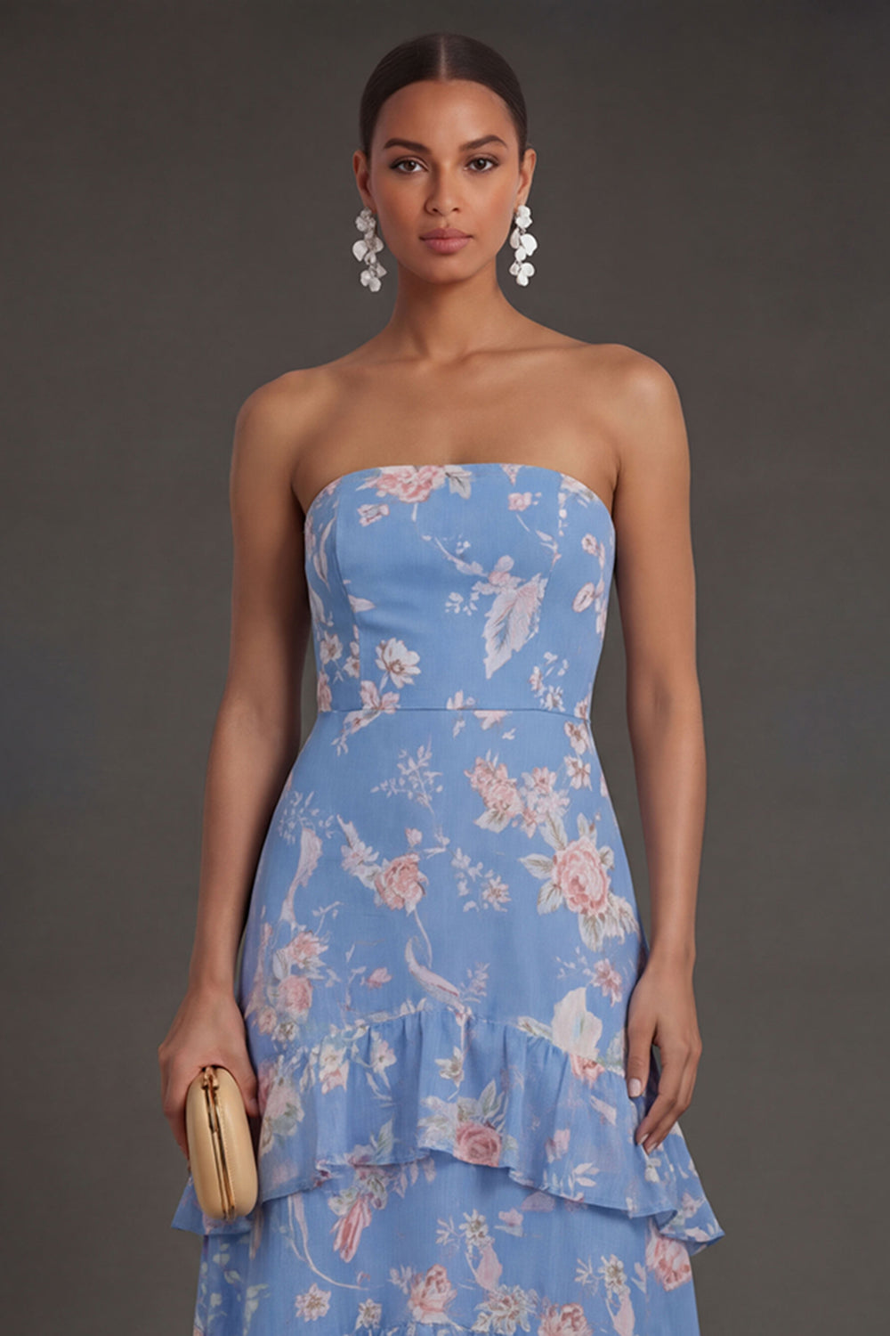 Tiered Ruffled Blue Floral A Line Long Beach Wedding Guest Dress