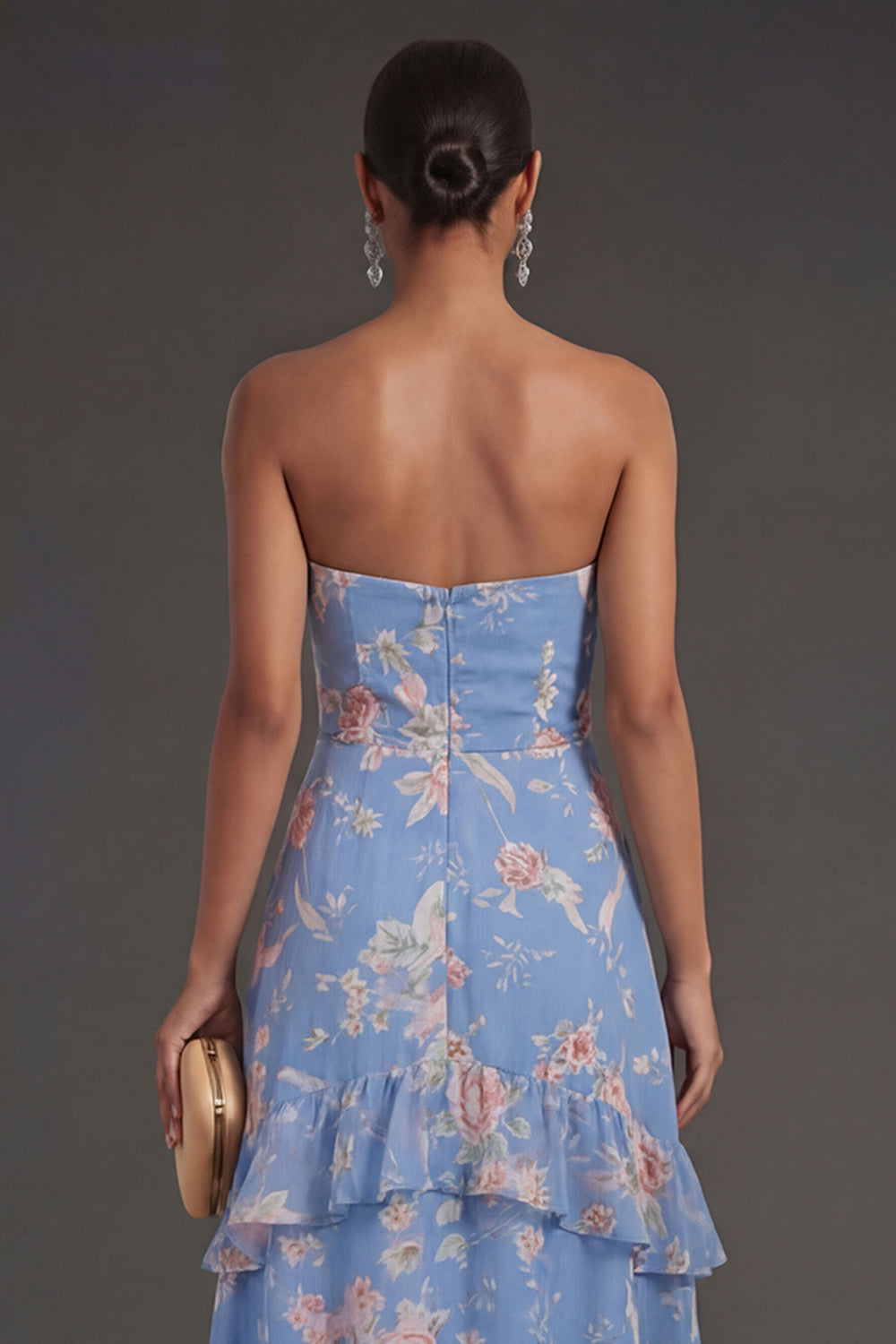 Tiered Ruffled Blue Floral A Line Long Beach Wedding Guest Dress