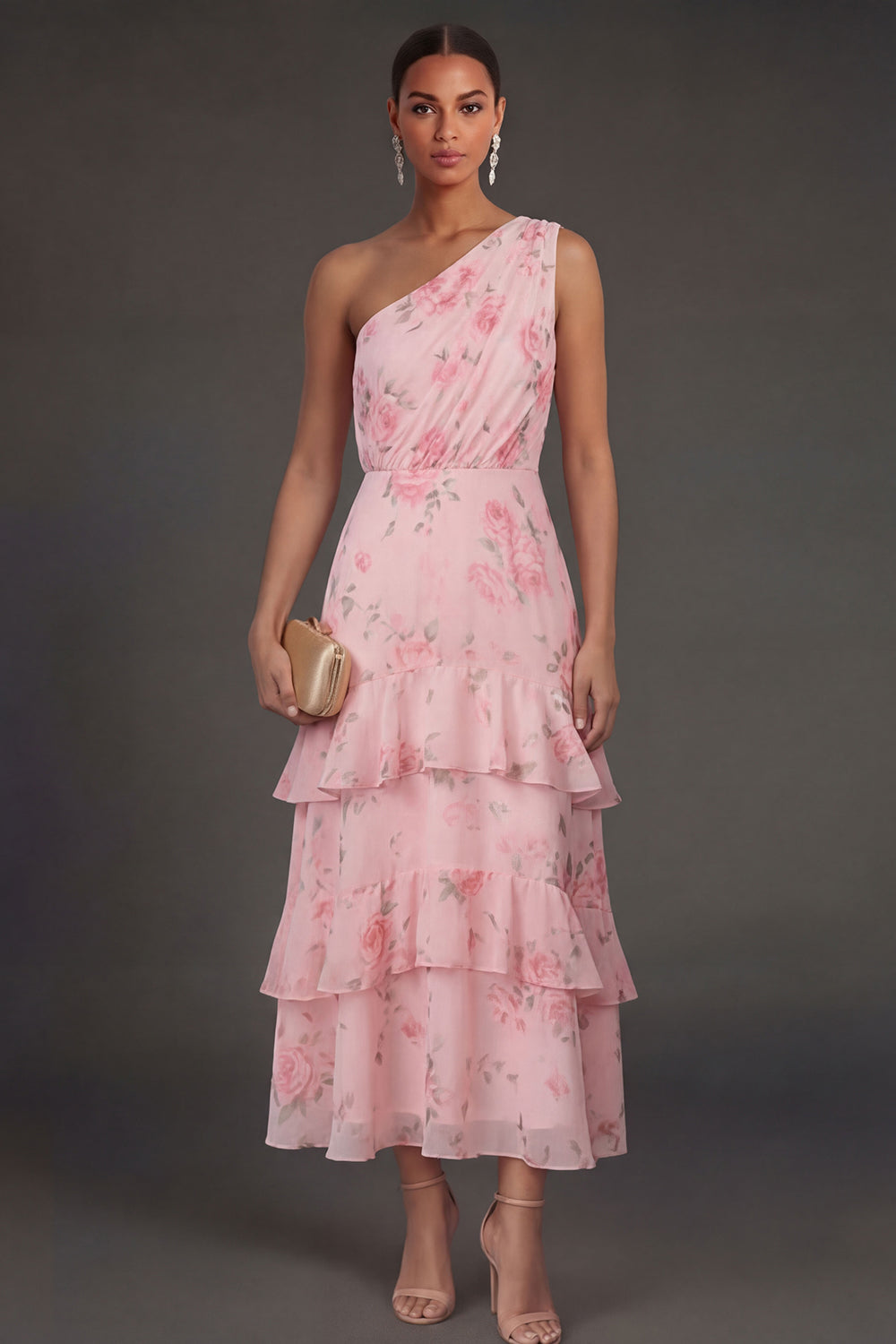 One Shoulder Ruched Floral A Line Tiered Long Beach Wedding Guest Dress