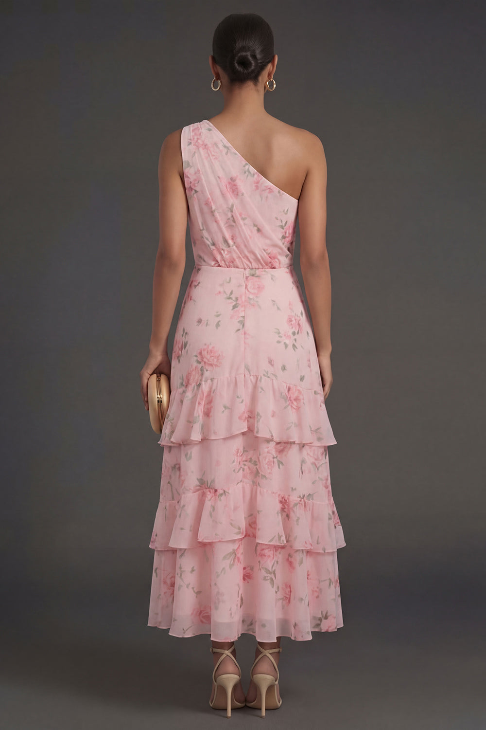 One Shoulder Ruched Floral A Line Tiered Long Beach Wedding Guest Dress