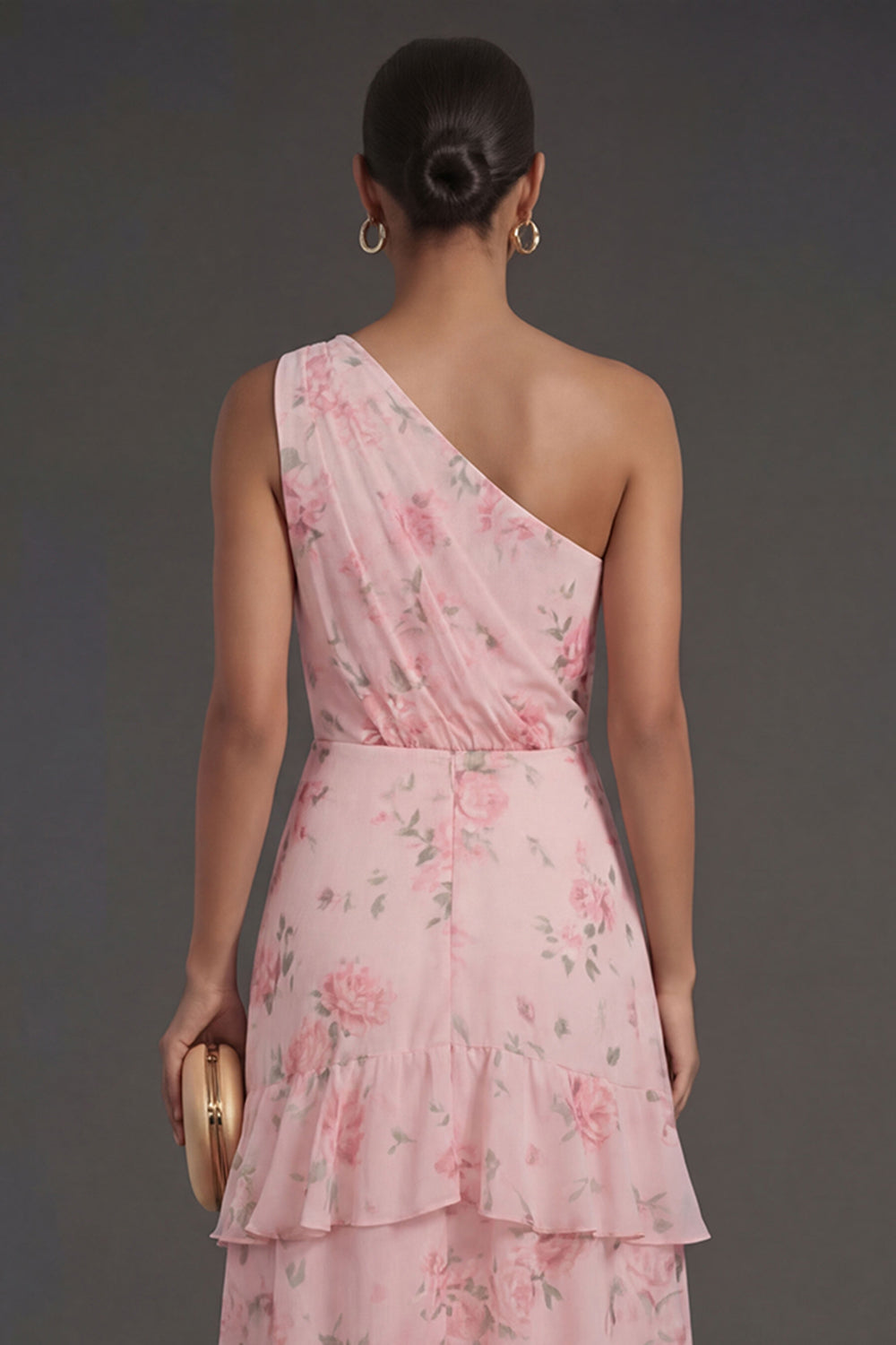 One Shoulder Ruched Floral A Line Tiered Long Beach Wedding Guest Dress