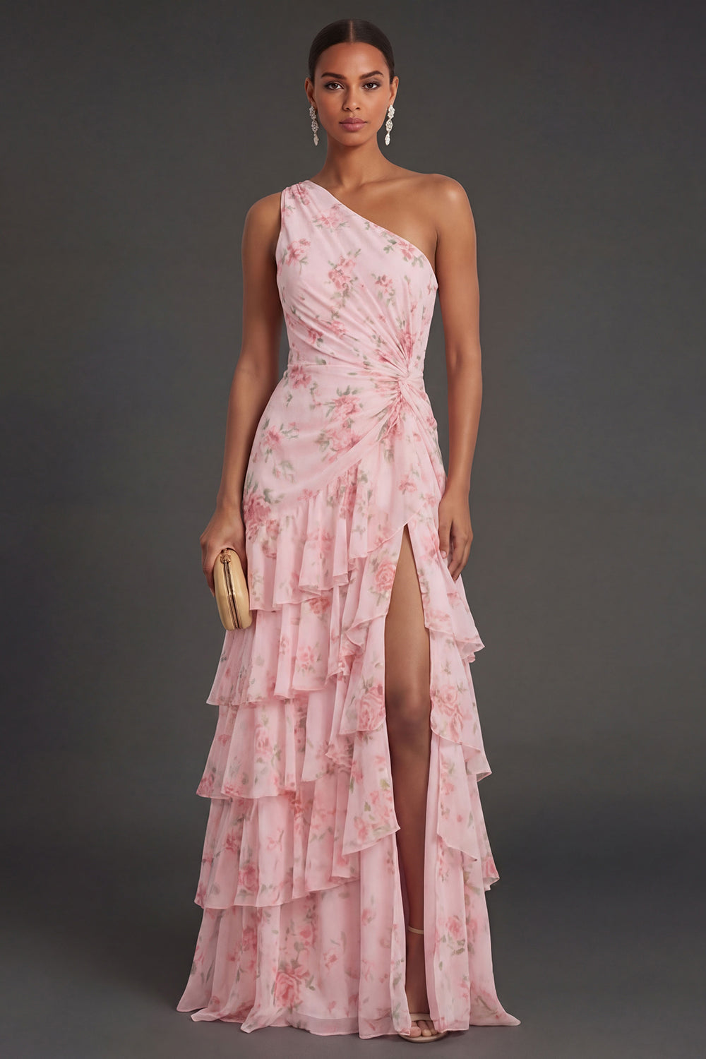 Ruched Ruffled Pink Floral One Shoulder Long Beach Wedding Guest Dress with Slit
