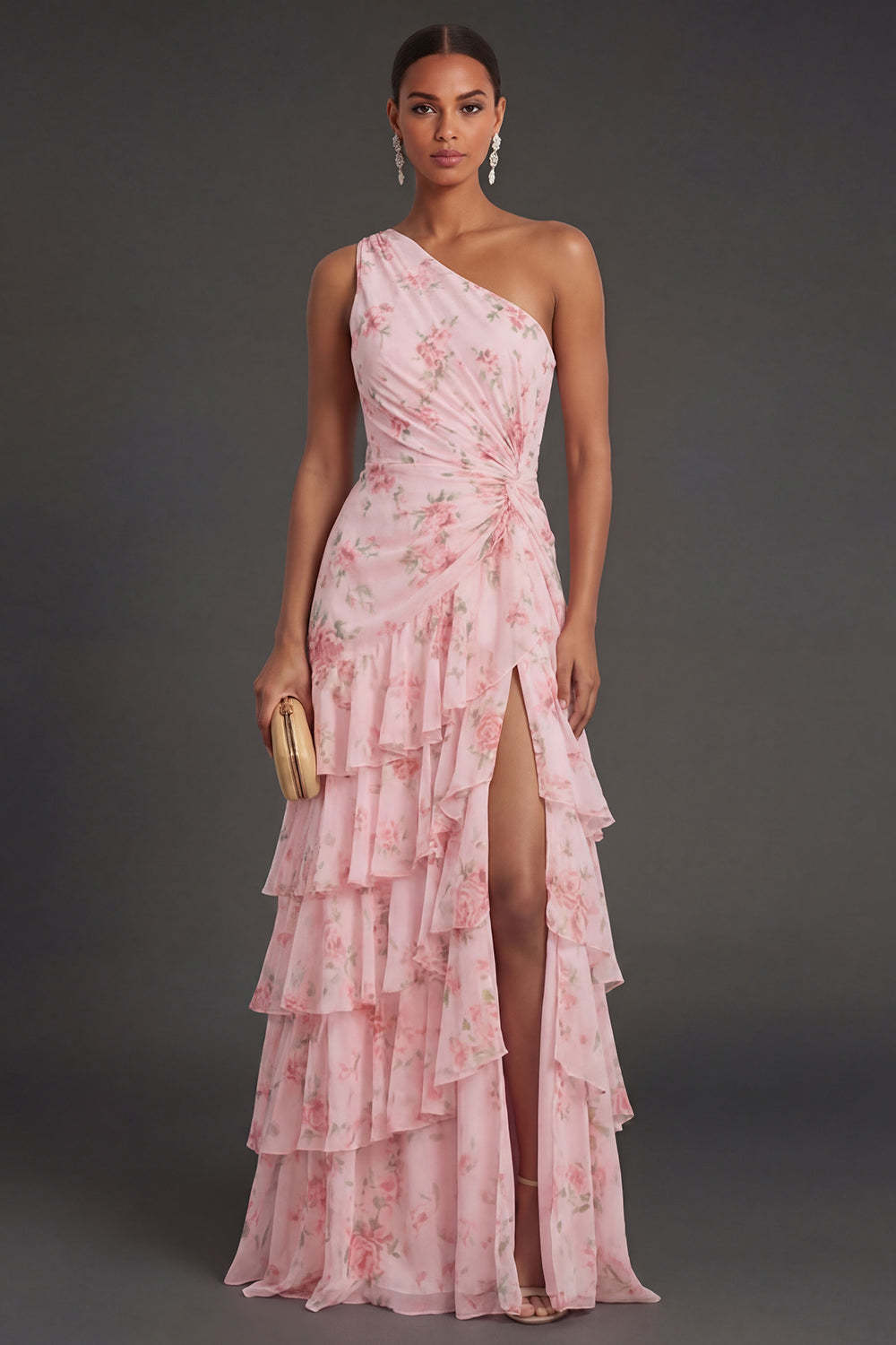 Leely Women Ruched Ruffled Pink Floral Long Beach Wedding Guest Dress with Slit One Shoulder Backless Sleeveless Garden Party Dress