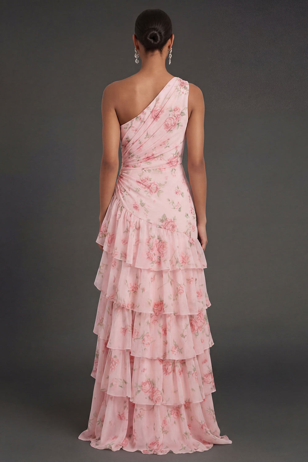 Ruched Ruffled Pink Floral One Shoulder Long Beach Wedding Guest Dress with Slit