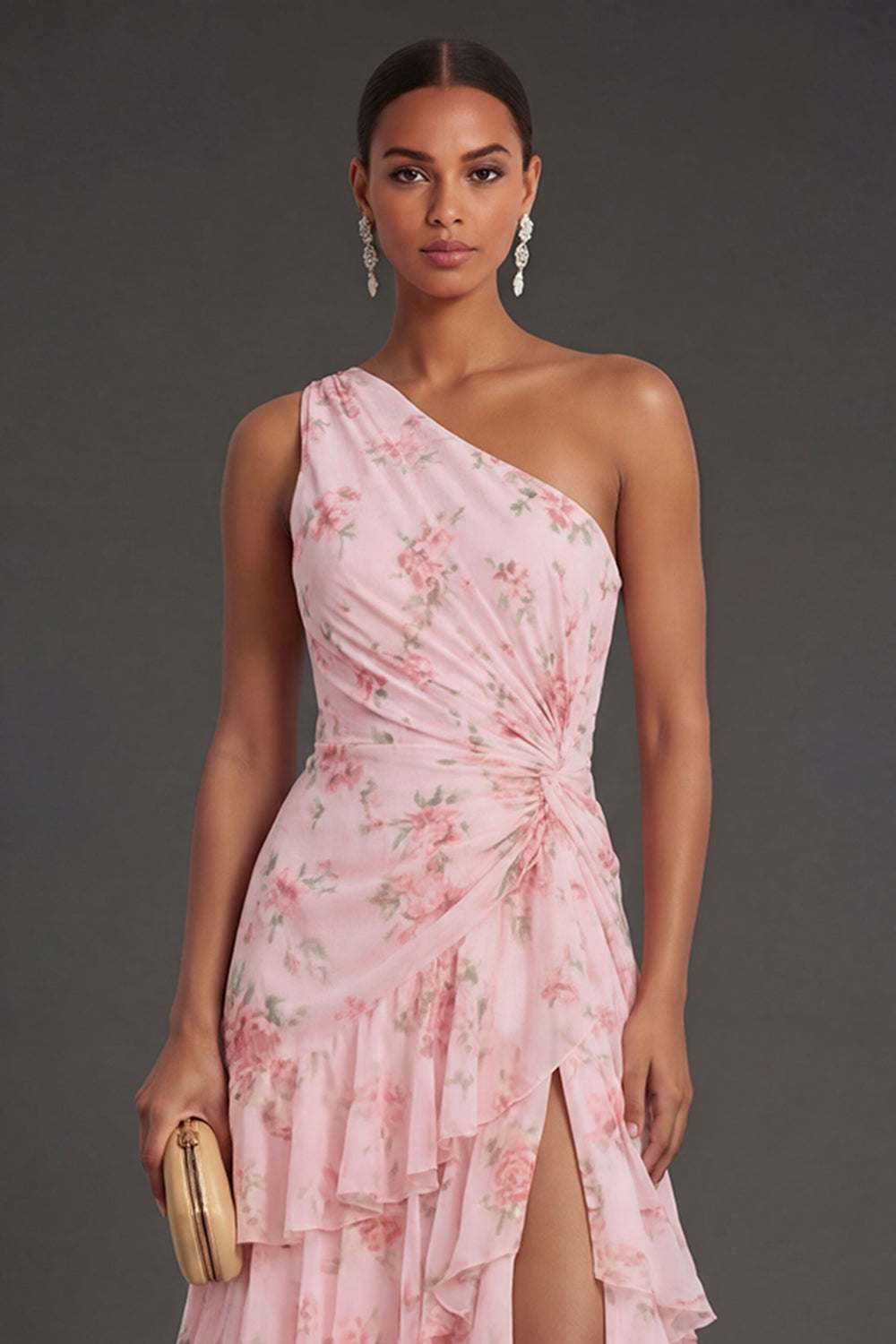 Ruched Ruffled Pink Floral One Shoulder Long Beach Wedding Guest Dress with Slit