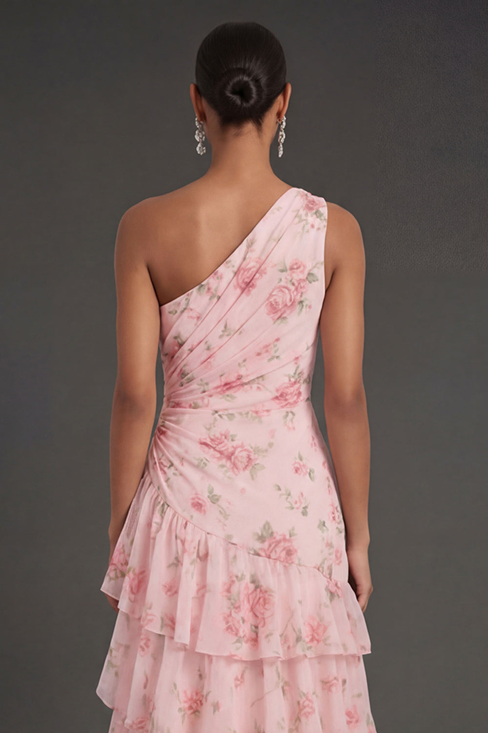 Ruched Ruffled Pink Floral One Shoulder Long Beach Wedding Guest Dress with Slit