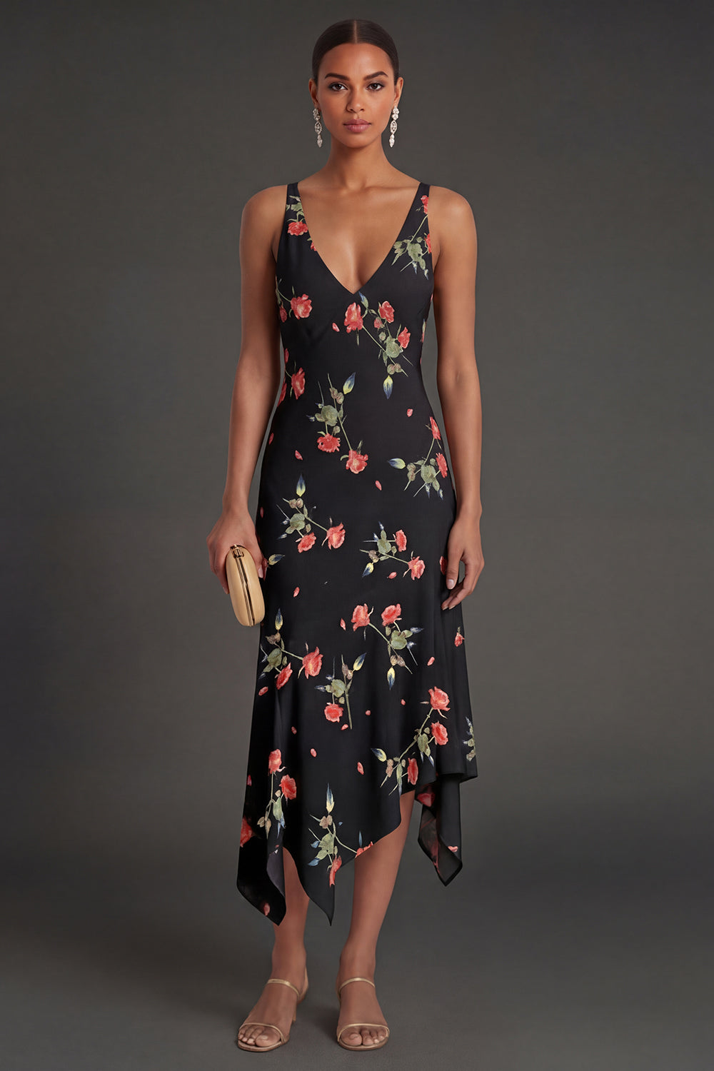 Black Floral Thick Straps Ruffled High Low Beach Wedding Guest Dress