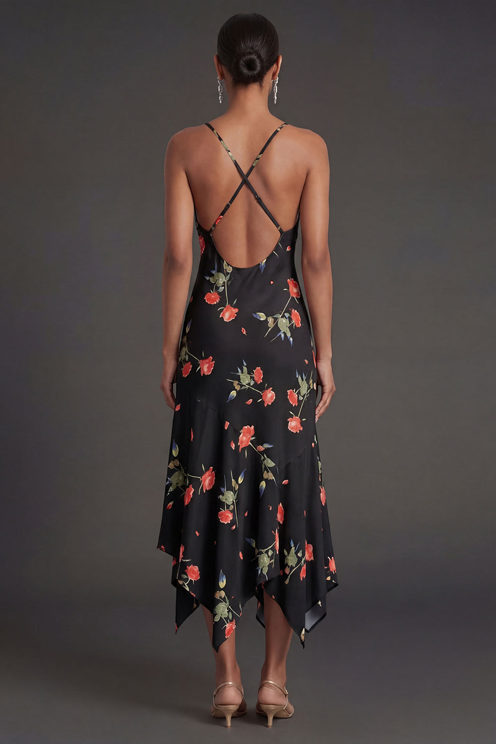 Black Floral Thick Straps Ruffled High Low Beach Wedding Guest Dress