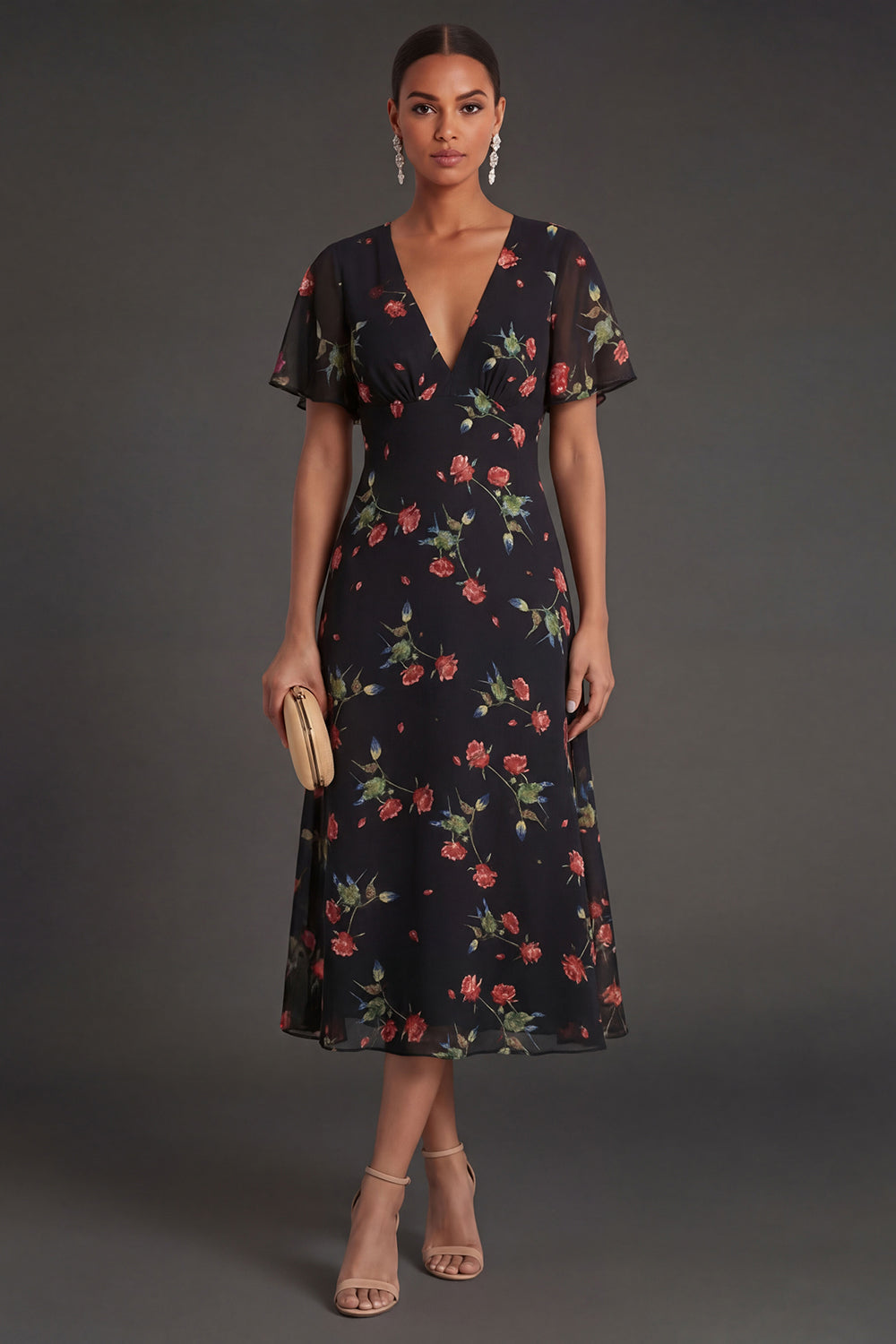 Short Sleeves A Line Floral Black Midi Beach Wedding Guest Dress