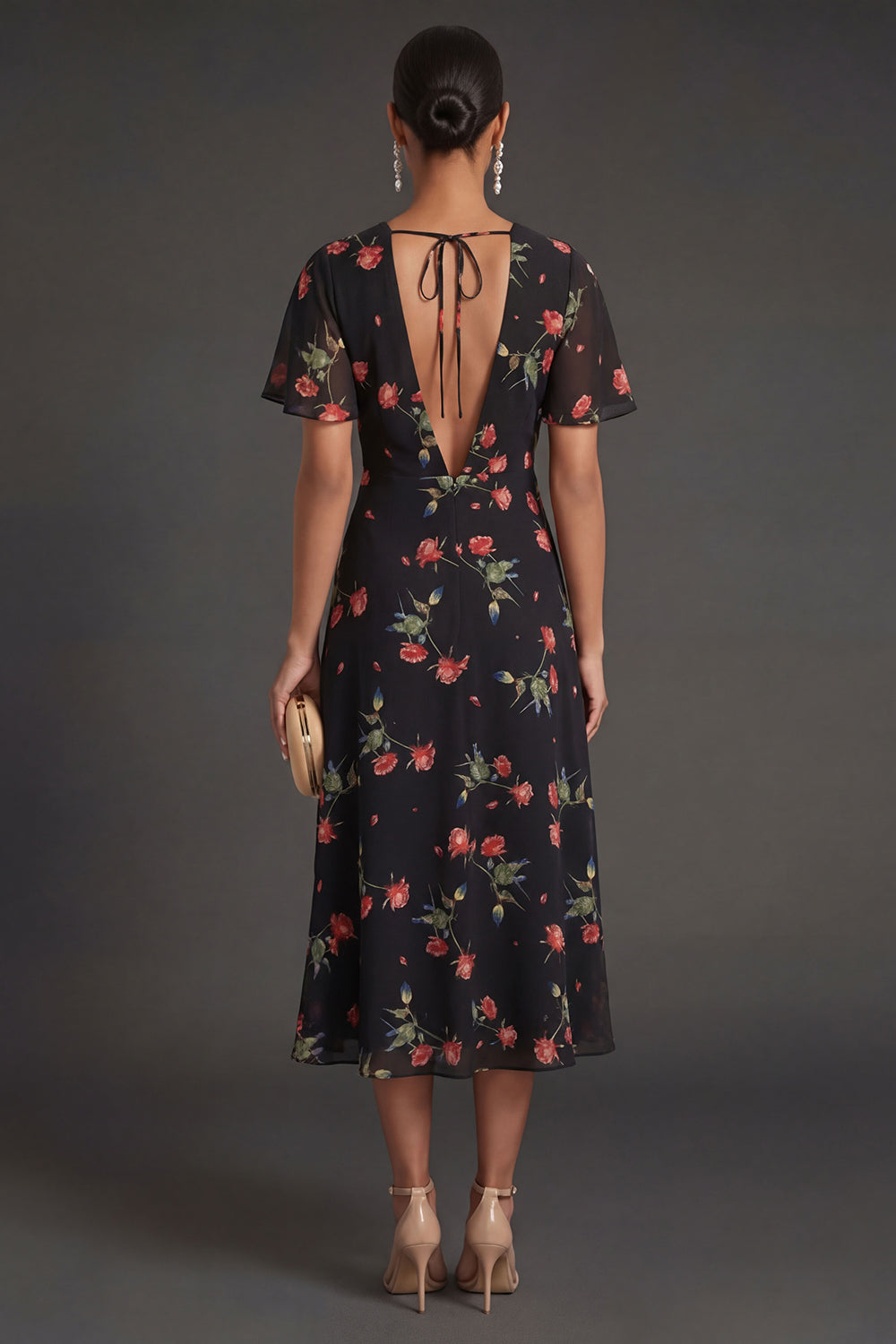 Short Sleeves A Line Floral Black Midi Beach Wedding Guest Dress