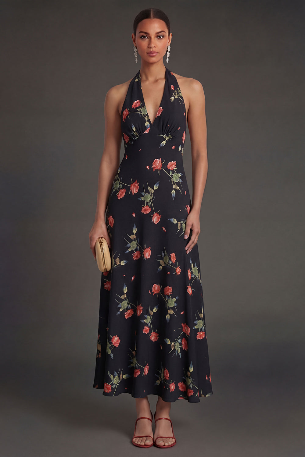 Black Floral Halter Neck A Line Long Beach Wedding Guest Dress
