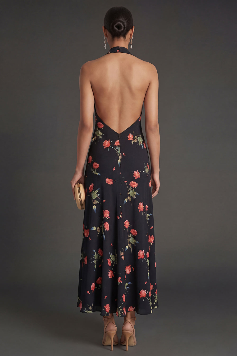 Black Floral Halter Neck A Line Long Beach Wedding Guest Dress