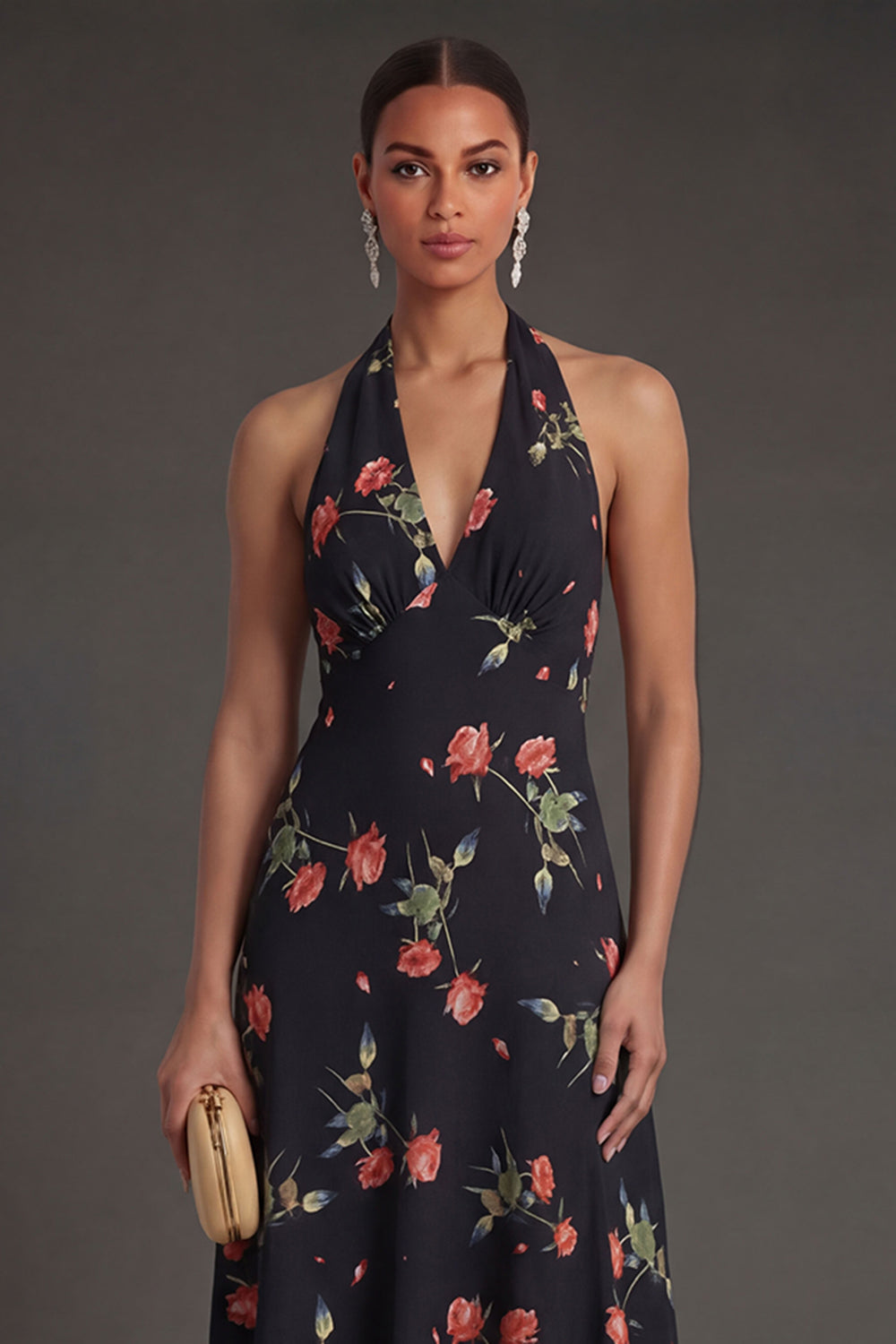 Black Floral Halter Neck A Line Long Beach Wedding Guest Dress