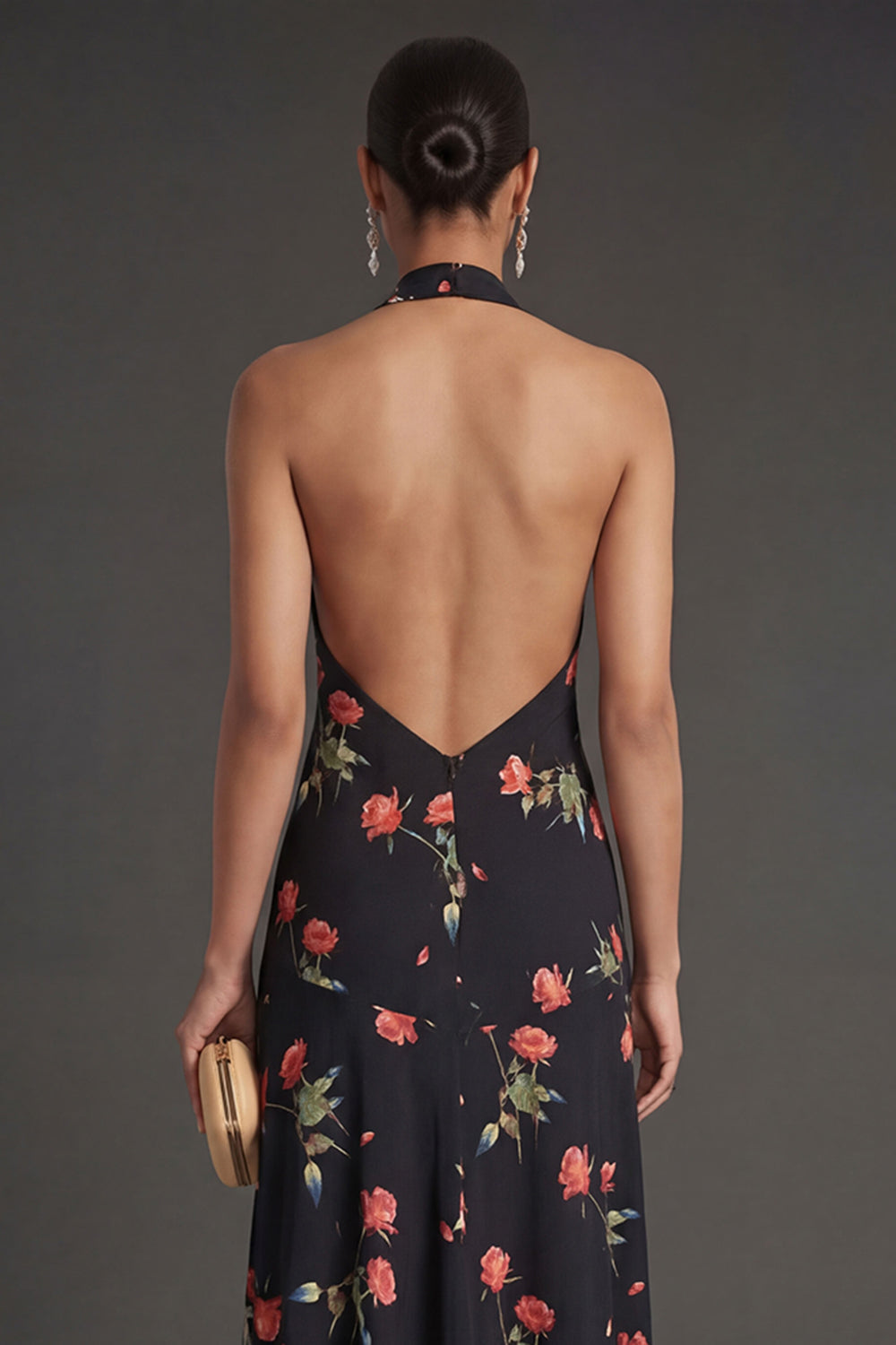 Black Floral Halter Neck A Line Long Beach Wedding Guest Dress