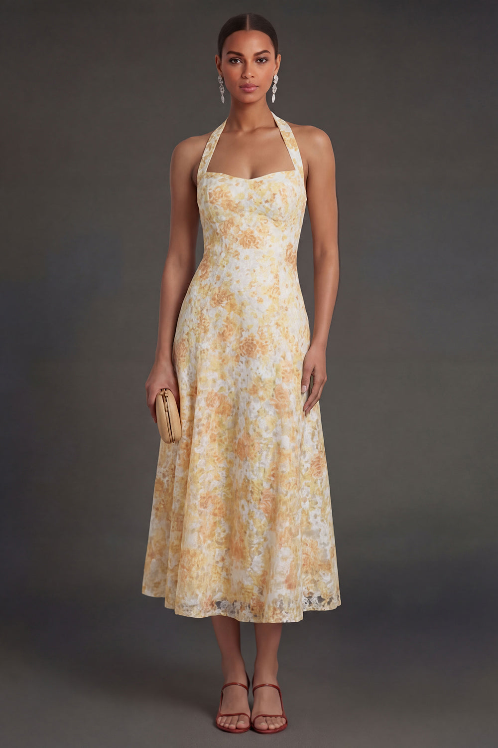 Leely Women Floral Yellow A Line Midi Beach Wedding Guest Dress Halter Neck Sleeveless Garden Party Dress