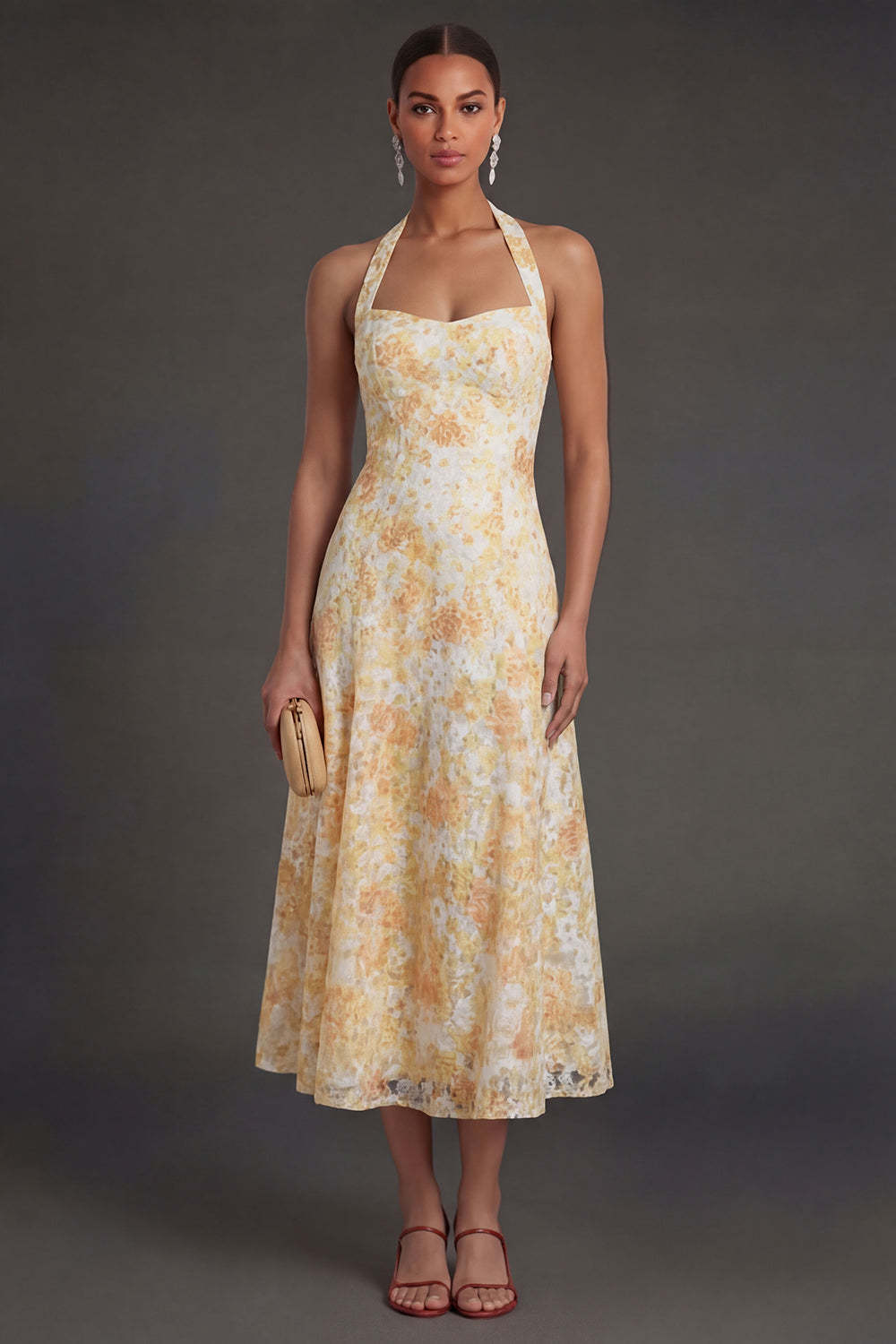 Leely Women Floral Yellow A Line Midi Beach Wedding Guest Dress Halter Neck Sleeveless Garden Party Dress