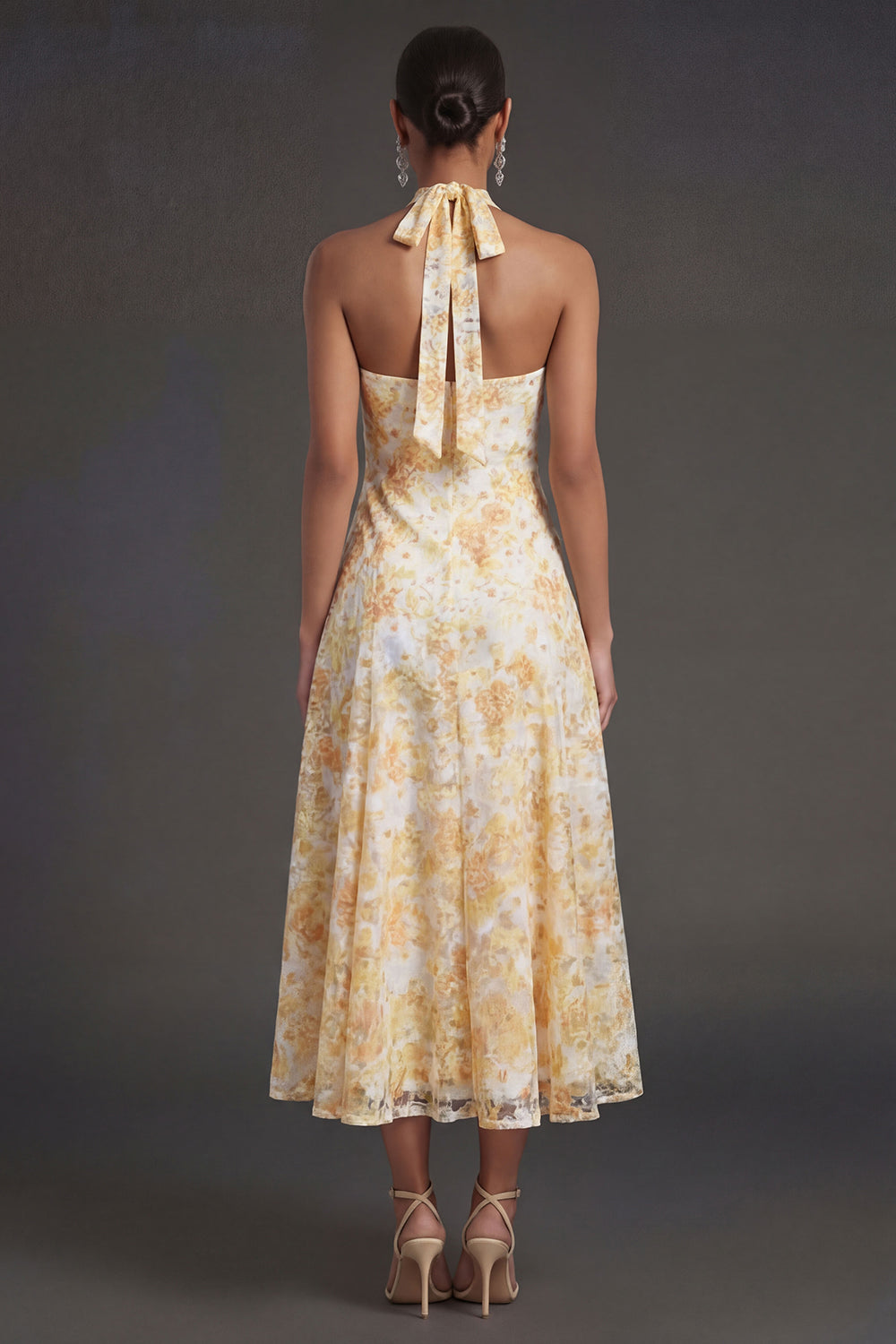 Floral Yellow A Line Halter Neck Midi Beach Wedding Guest Dress