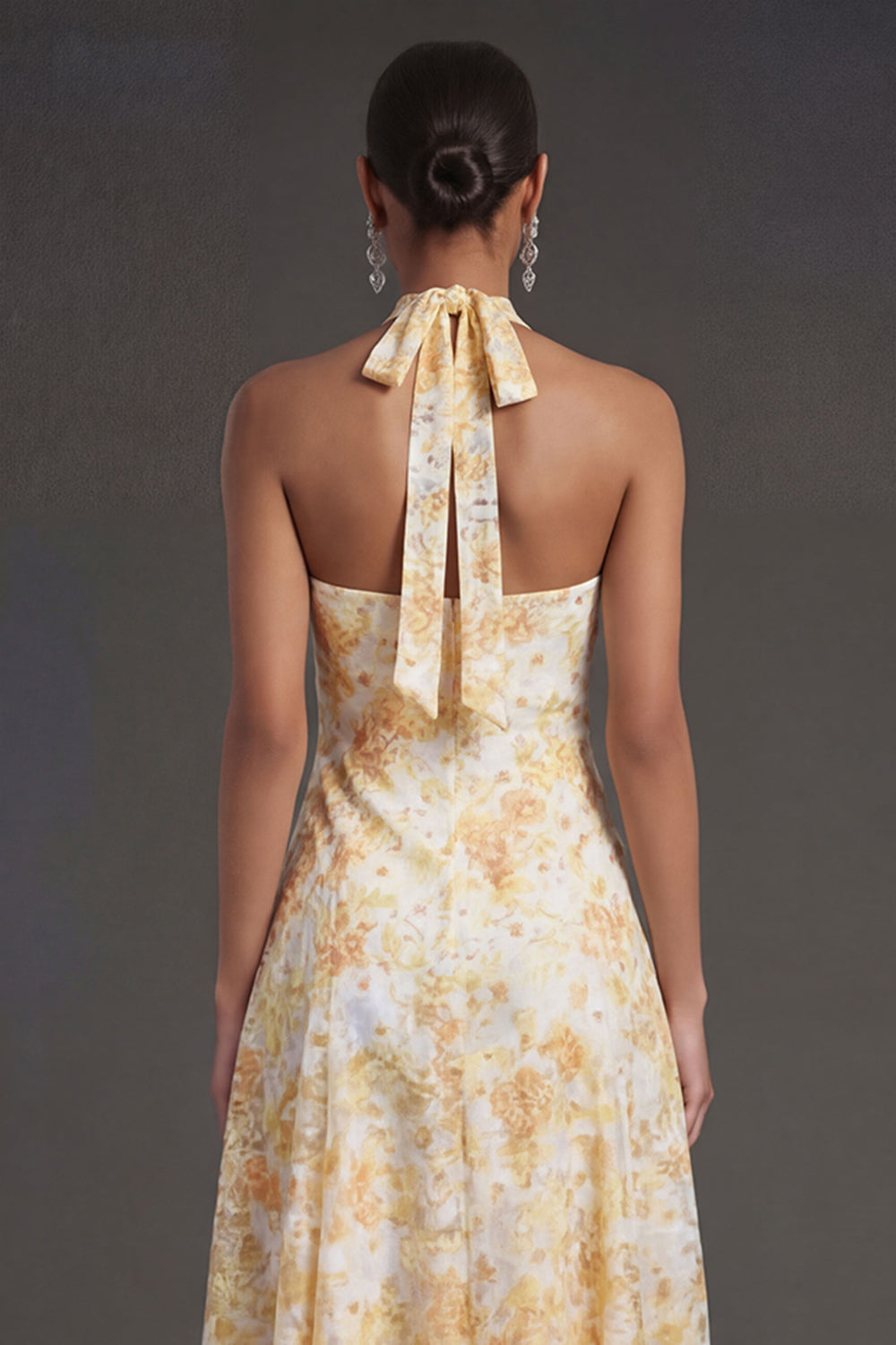 Floral Yellow A Line Halter Neck Midi Beach Wedding Guest Dress
