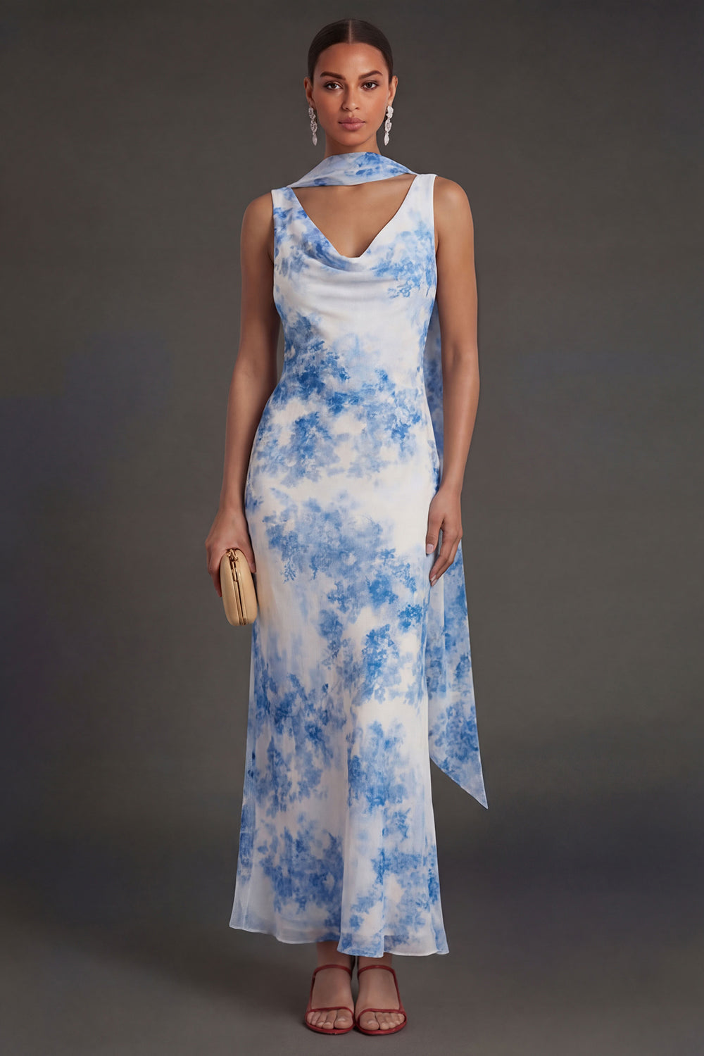 White Blue Floral Sheath Long Beach Wedding Guest Dress with Neck Scarf