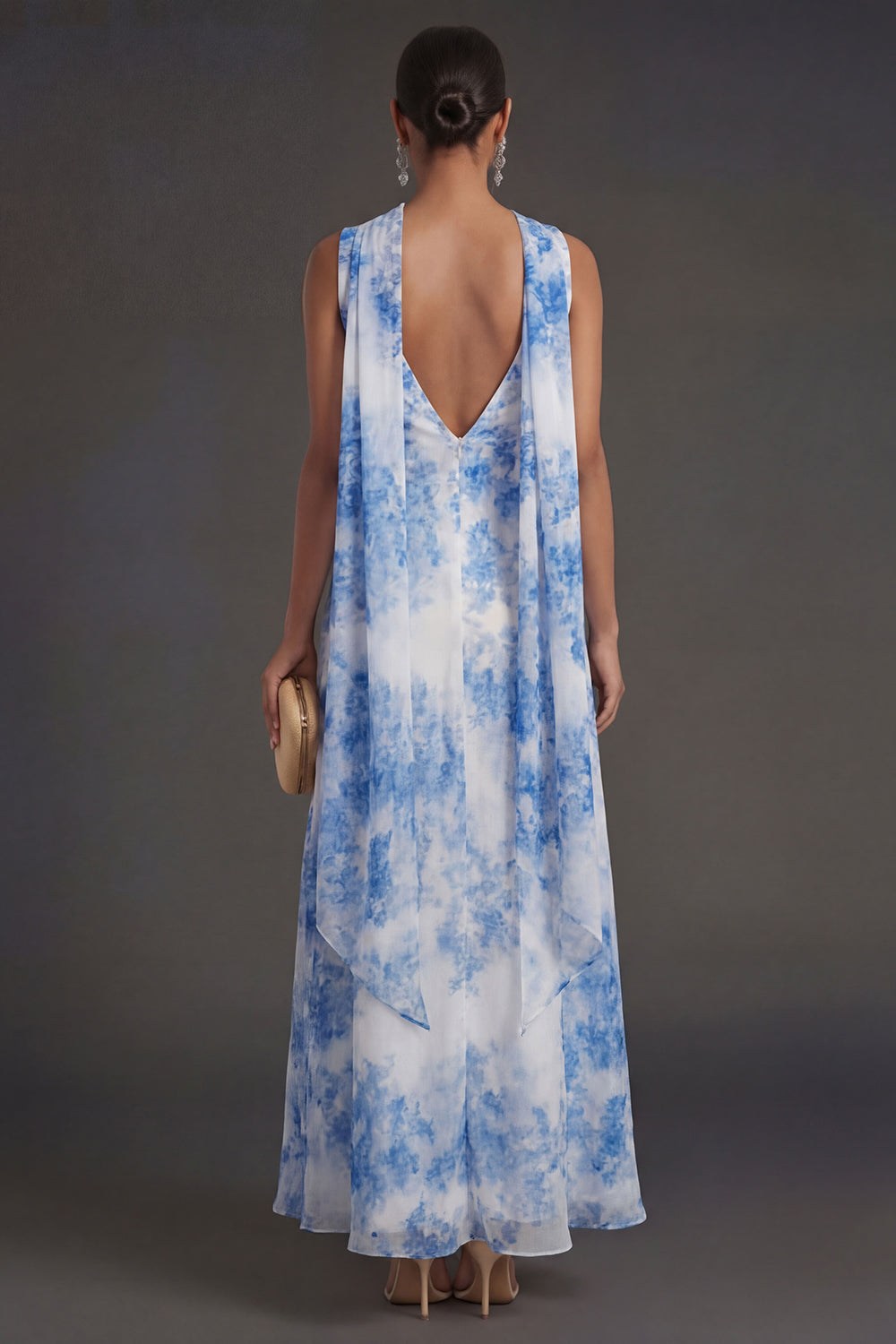 White Blue Floral Sheath Long Beach Wedding Guest Dress with Neck Scarf