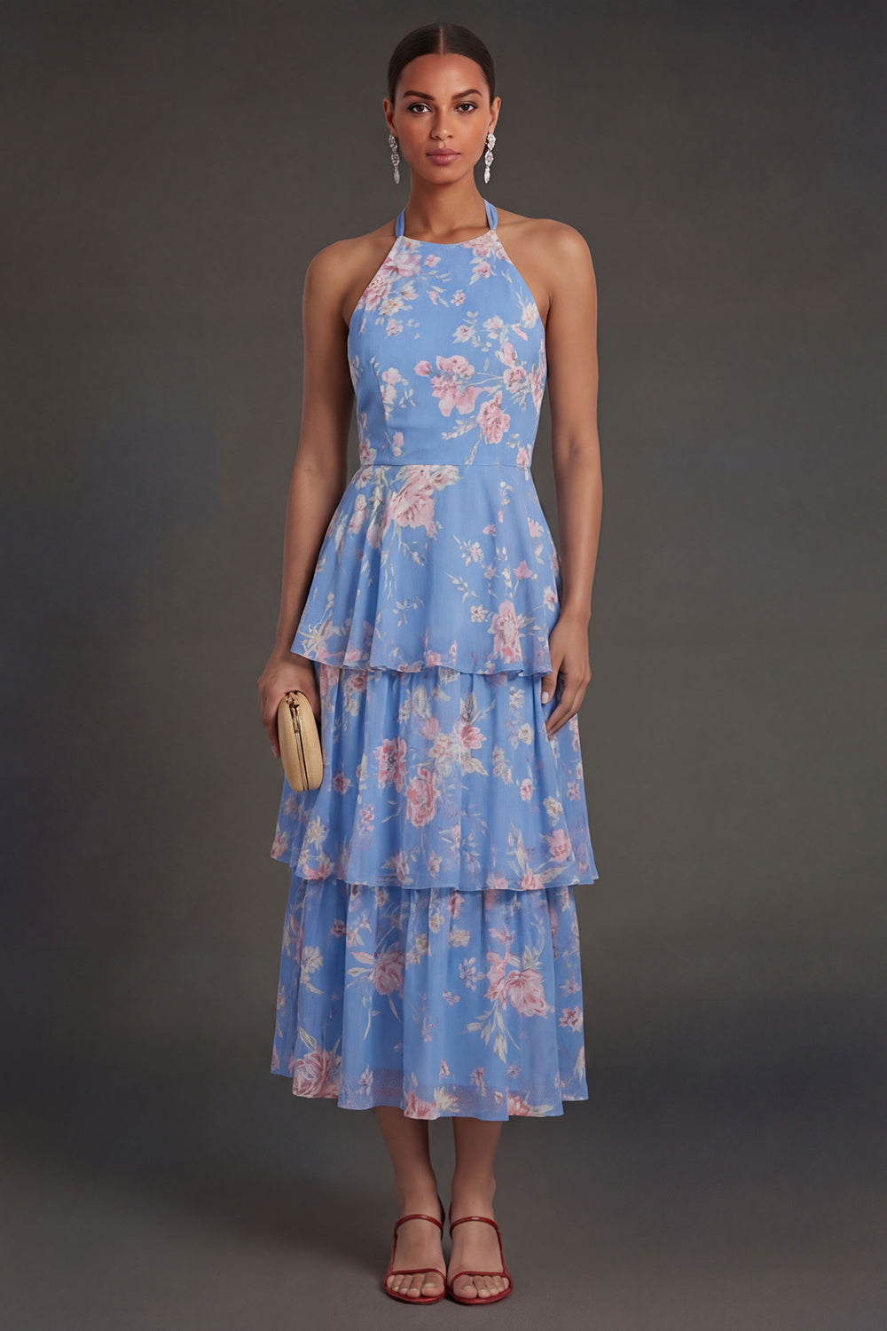 Tiered Ruffled Blue Floral A Line Long Beach Wedding Guest Dress with Bow