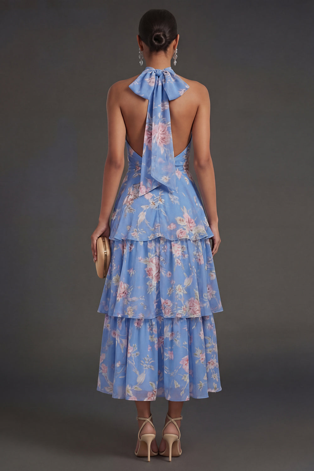 Tiered Ruffled Blue Floral A Line Long Beach Wedding Guest Dress with Bow