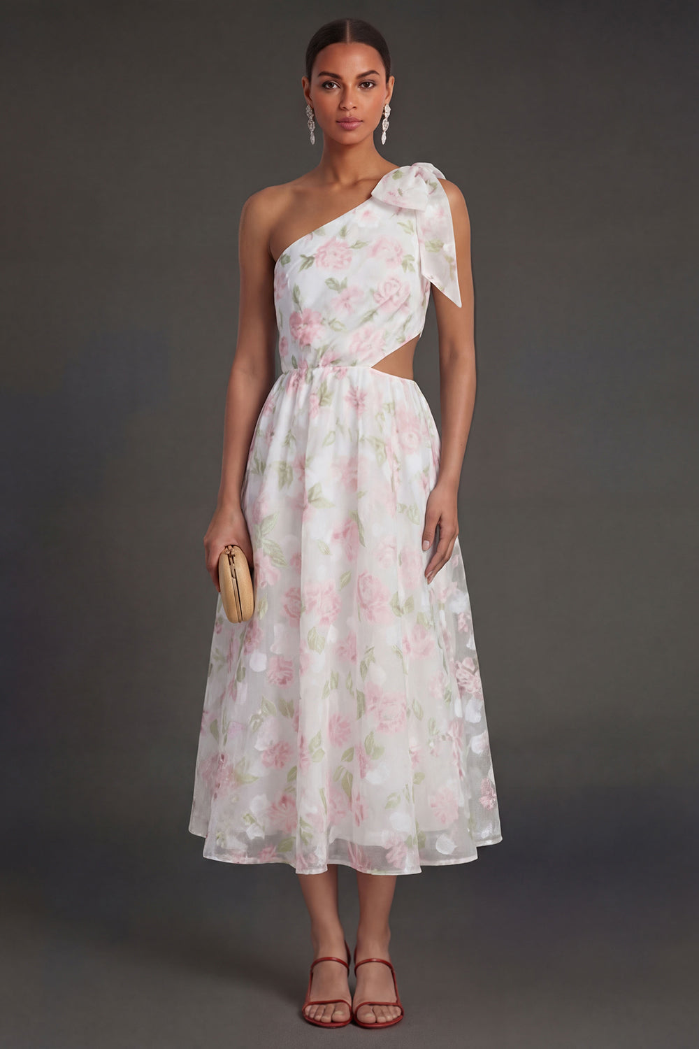 White Pink Floral Cut Out One Shoulder A Line Midi Beach Wedding Guest Dress