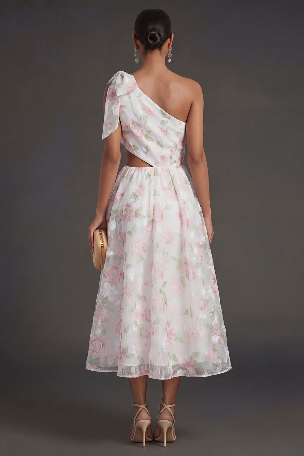 White Pink Floral Cut Out One Shoulder A Line Midi Beach Wedding Guest Dress