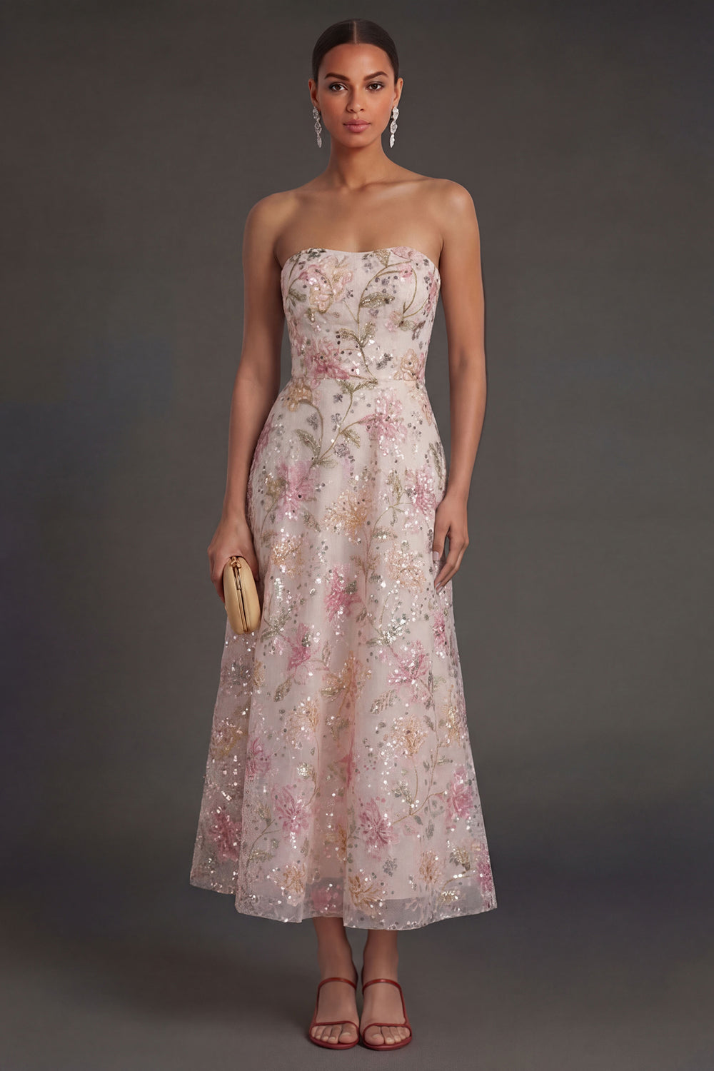 Leely Women Sequined Sparkly A Line Floral Midi Beach Wedding Guest Dress Strapless Backless Garden Party Dress