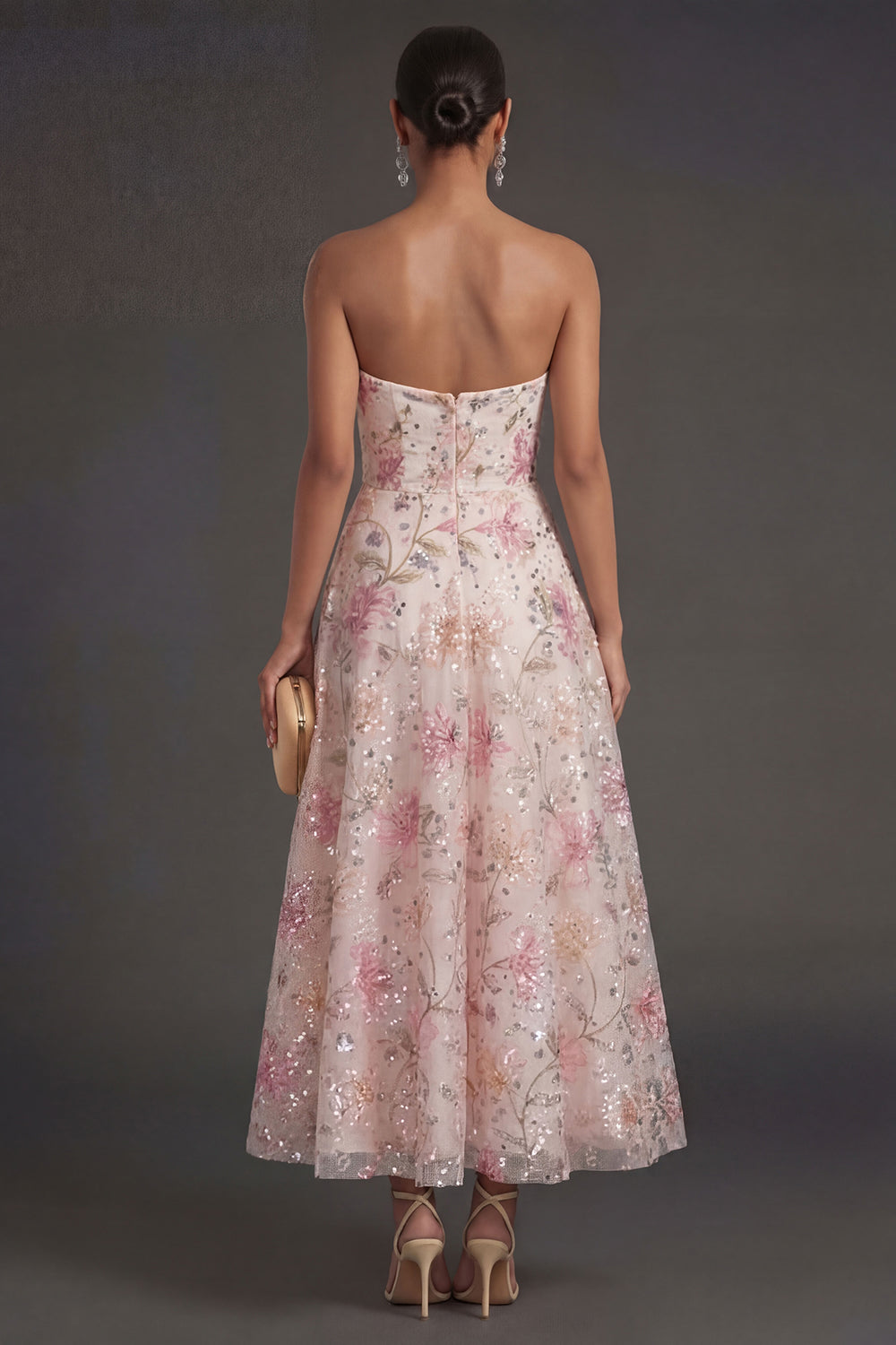 Sequined Sparkly A Line Floral Strapless Midi Beach Wedding Guest Dress